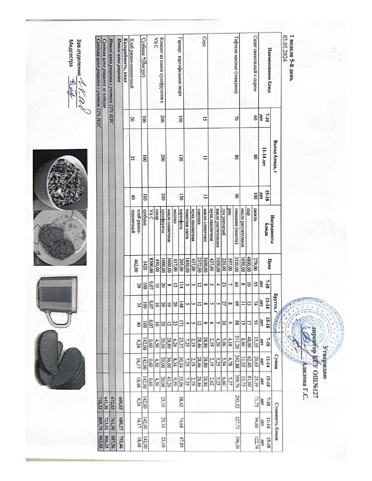 Мектептің күндік мәзірі/ Школьное меню на день