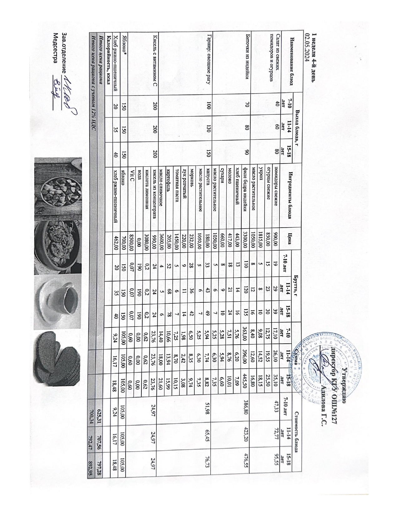 Мектептің күндік мәзірі/ Школьное меню на день