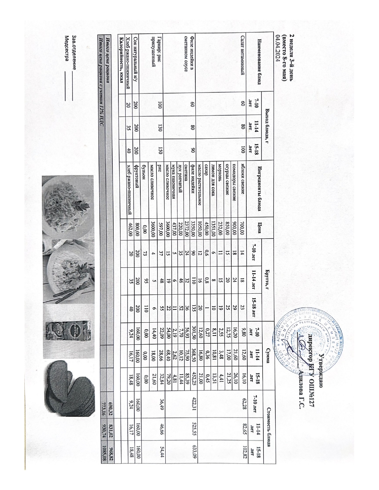 Мектептің күндік мәзірі/ Школьное меню на день