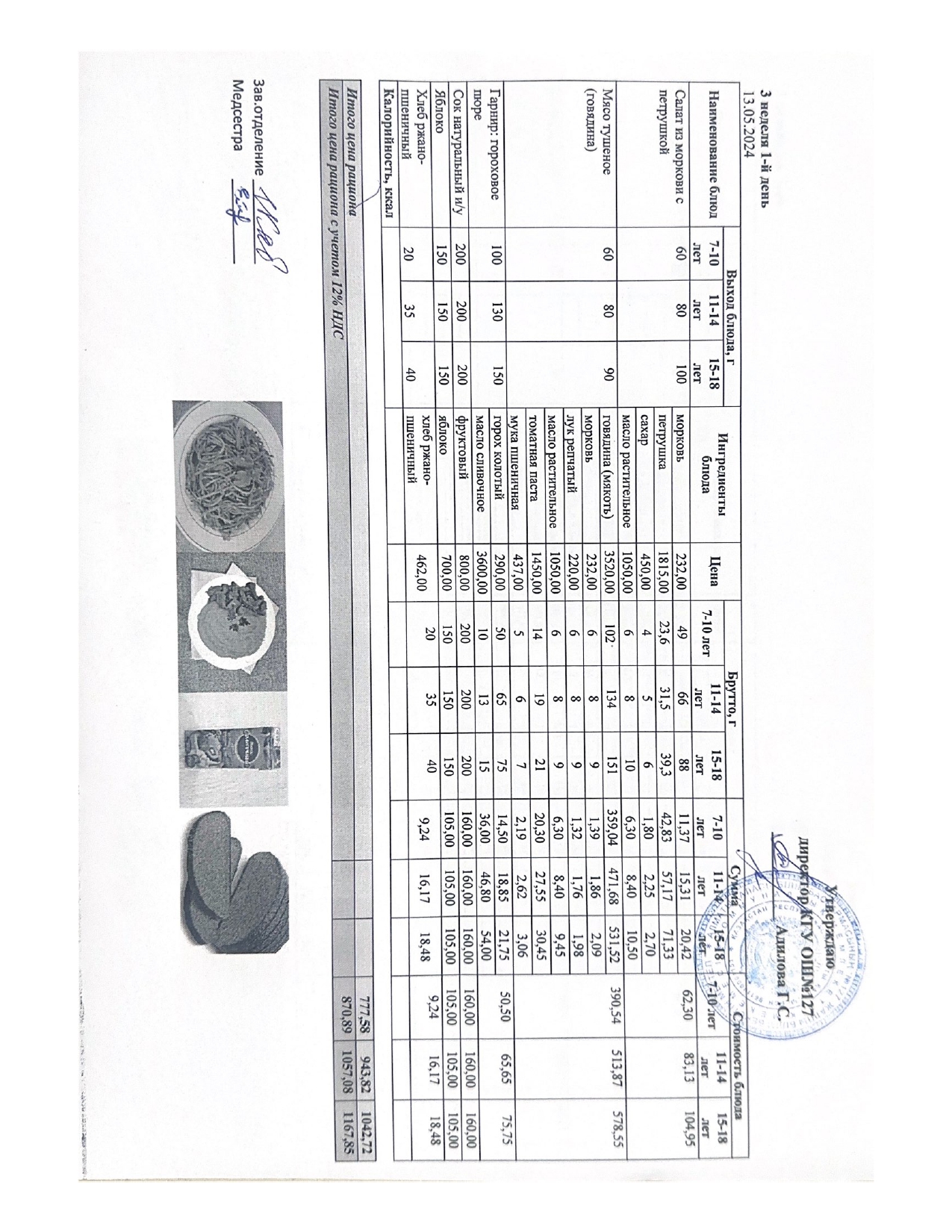 Мектептің күндік мәзірі/ Школьное меню на день