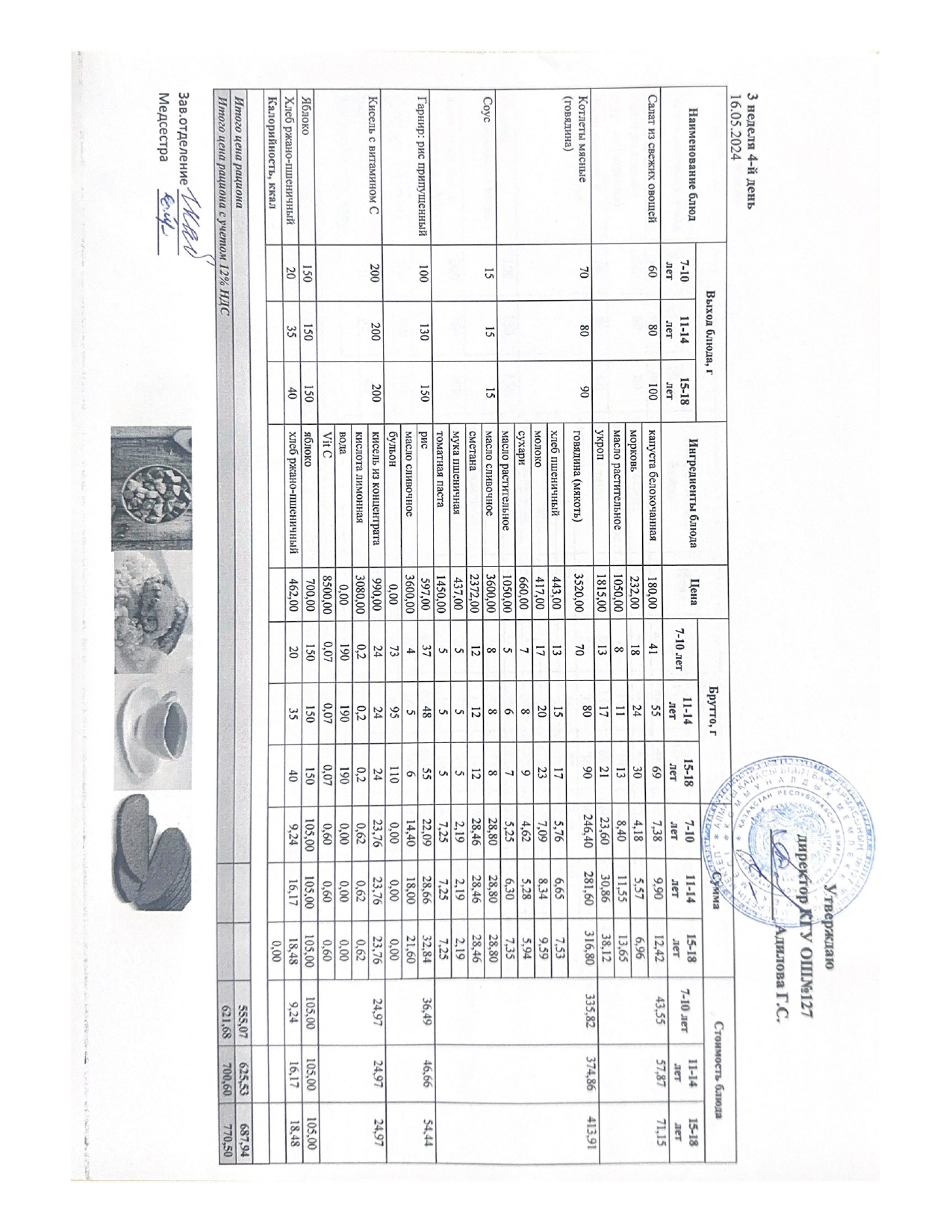 Мектептің күндік мәзірі/ Школьное меню на день