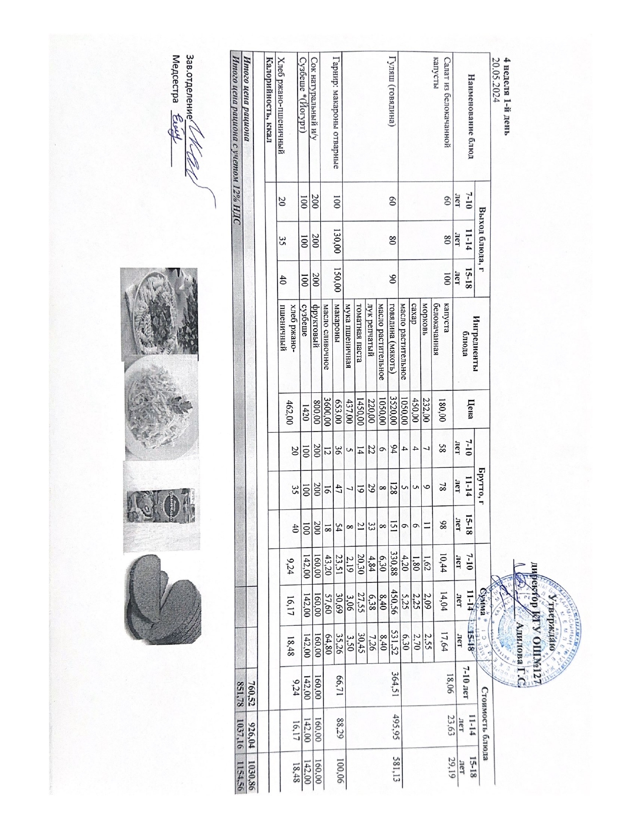 Мектептің күндік мәзірі/ Школьное меню на день