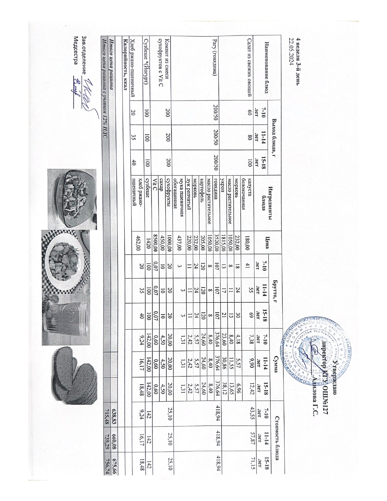 Мектептің күндік мәзірі/ Школьное меню на день
