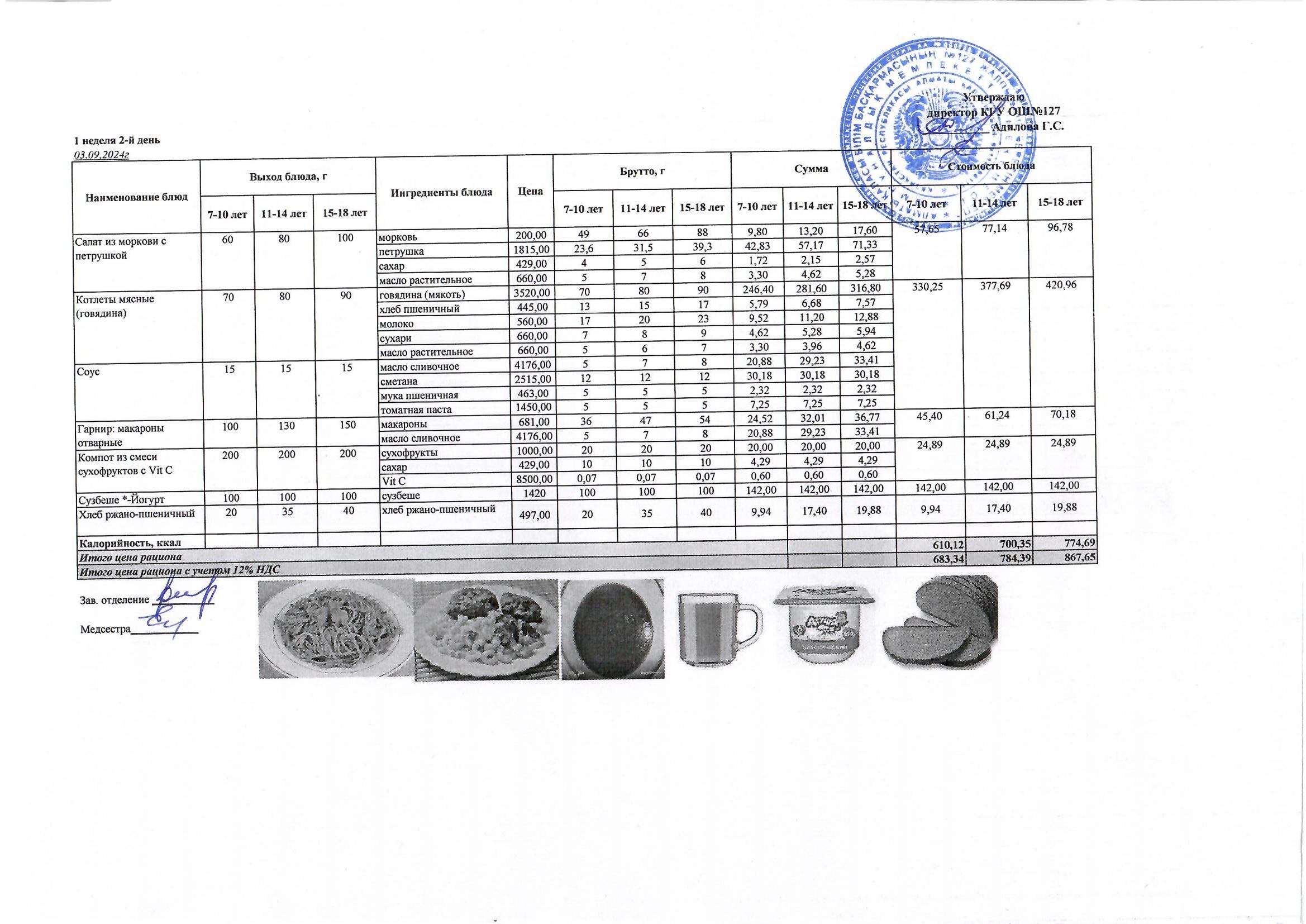 Мектептің күндік мәзірі/ Школьное меню на день
