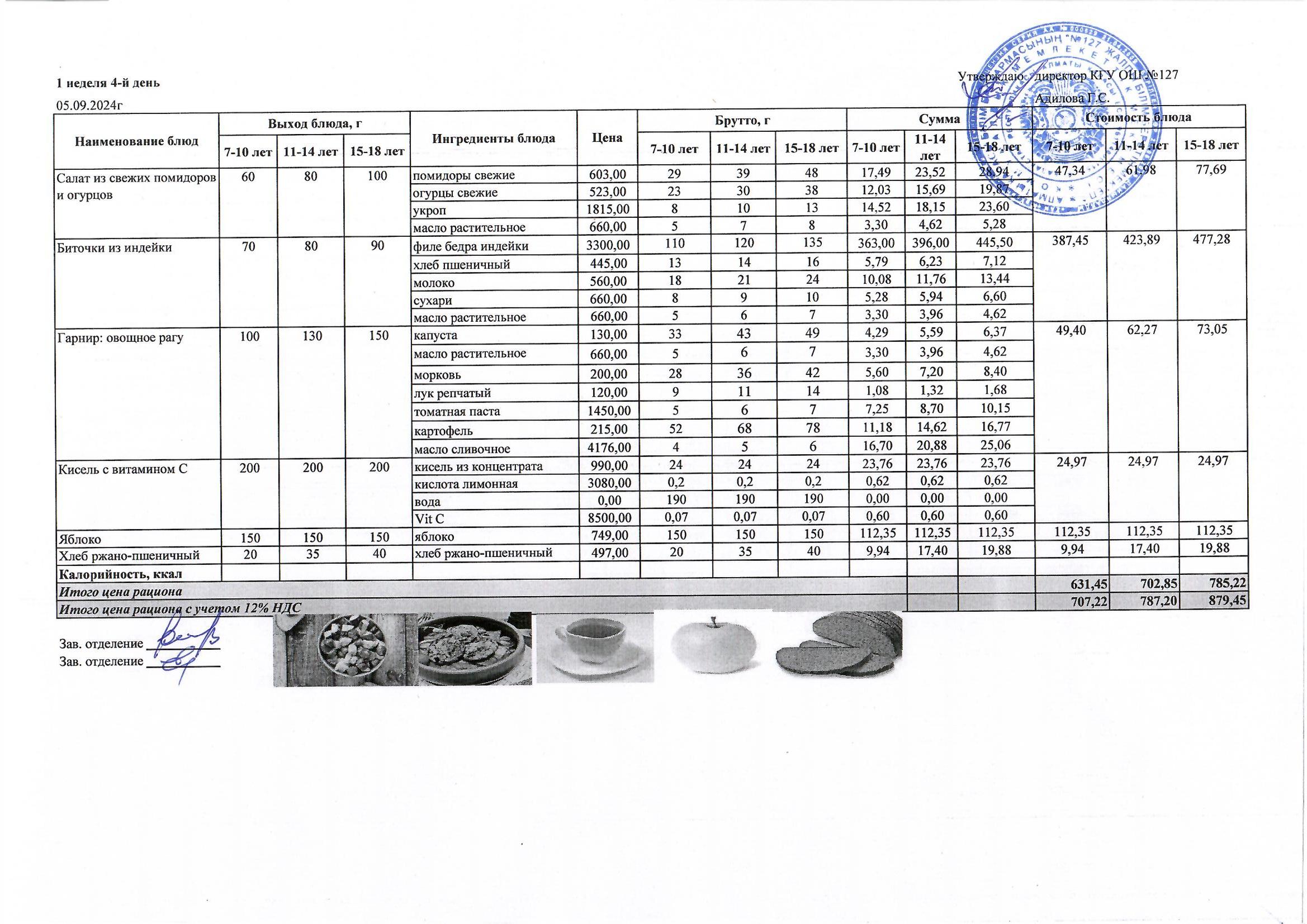 Мектептің күндік мәзірі/ Школьное меню на день