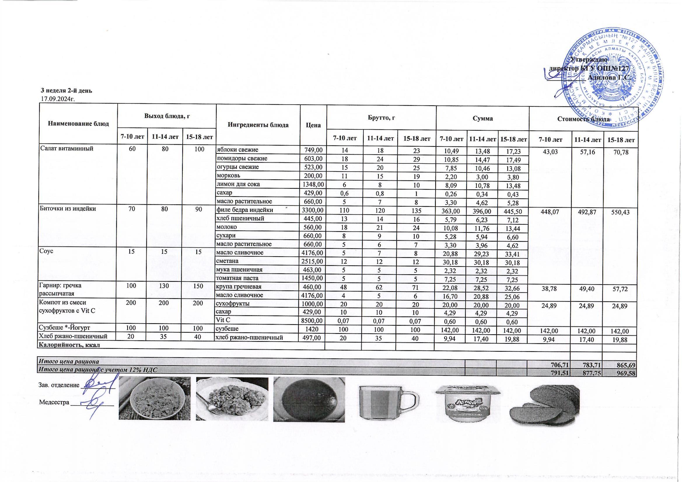 Мектептің күндік мәзірі/ Школьное меню на день