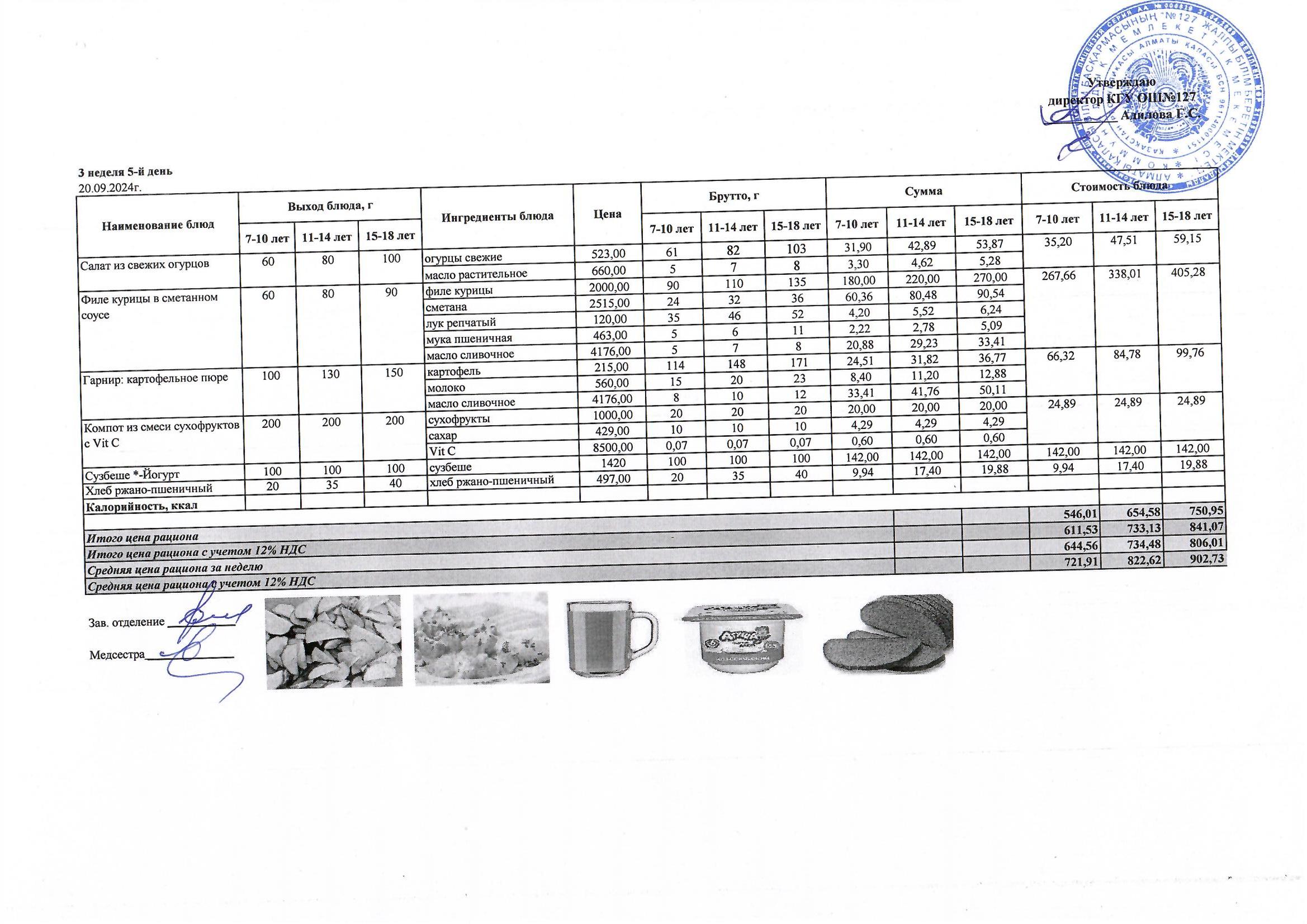 Мектептің күндік мәзірі/ Школьное меню на день