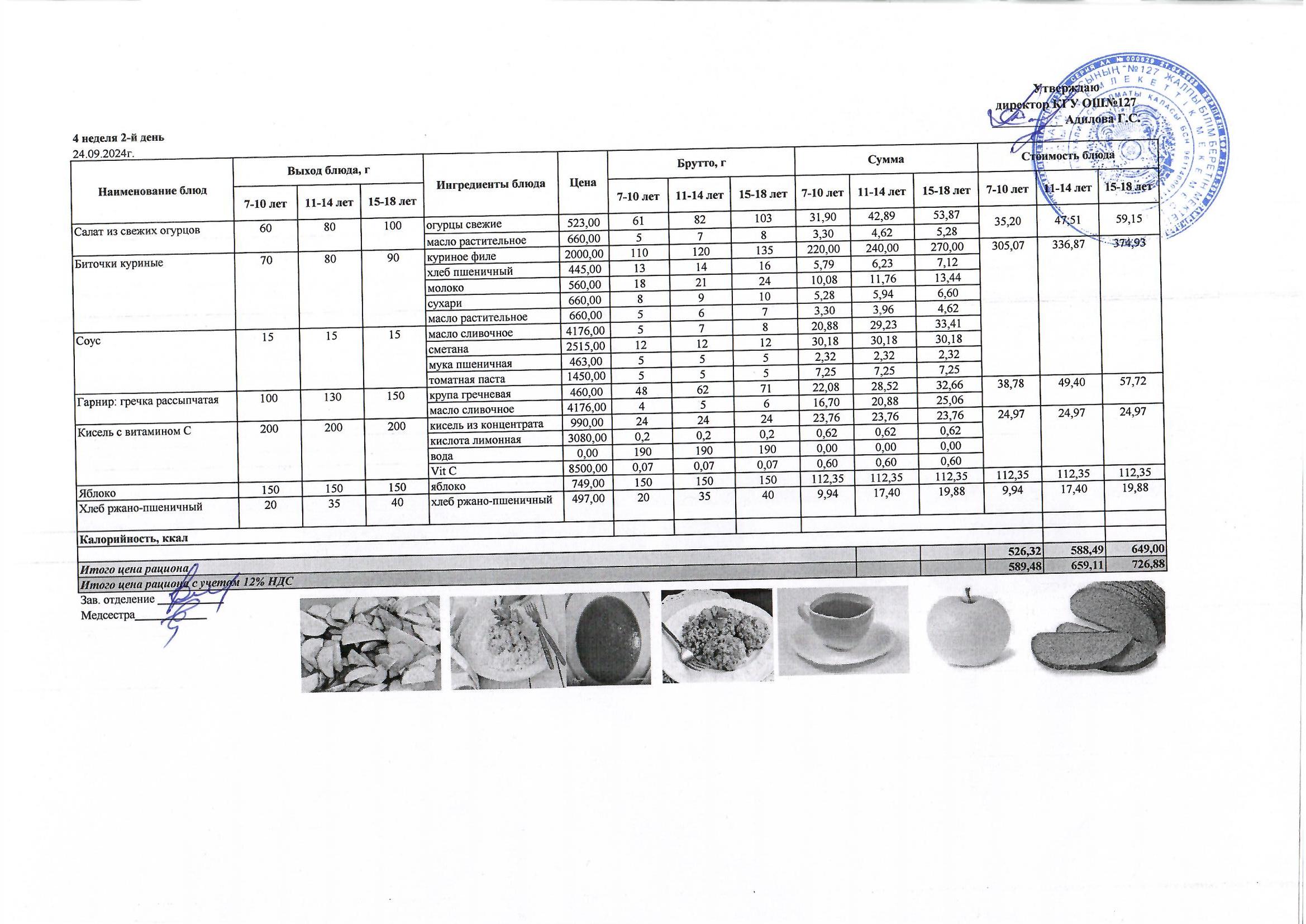 Мектептің күндік мәзірі/ Школьное меню на день