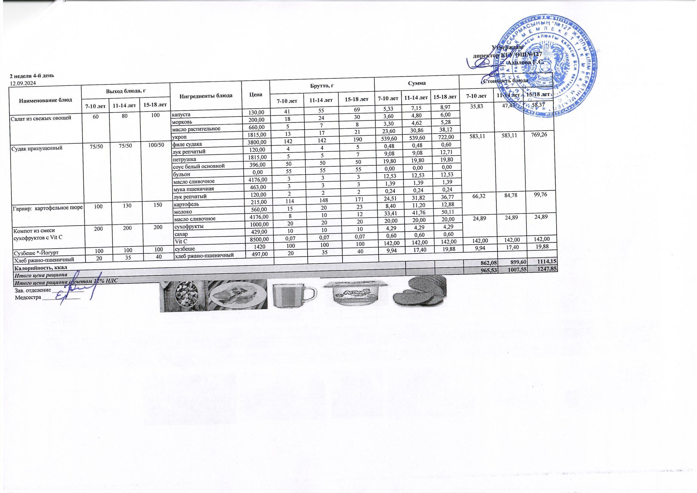 Мектептің күндік мәзірі/ Школьное меню на день