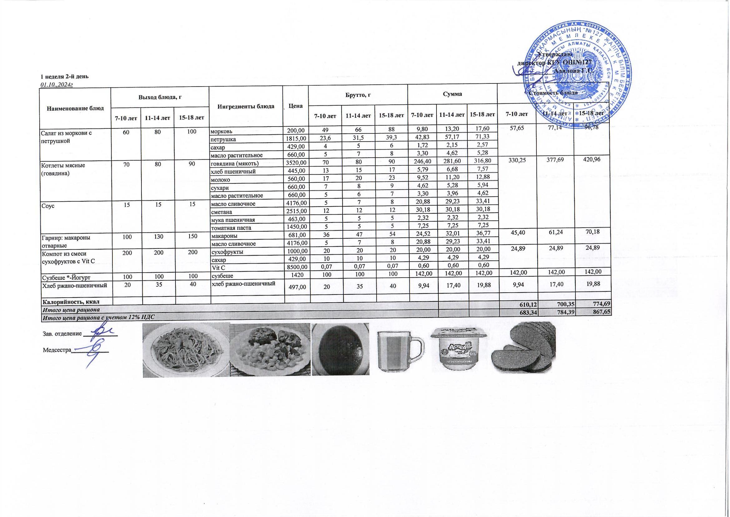 Мектептің күндік мәзірі/ Школьное меню на день