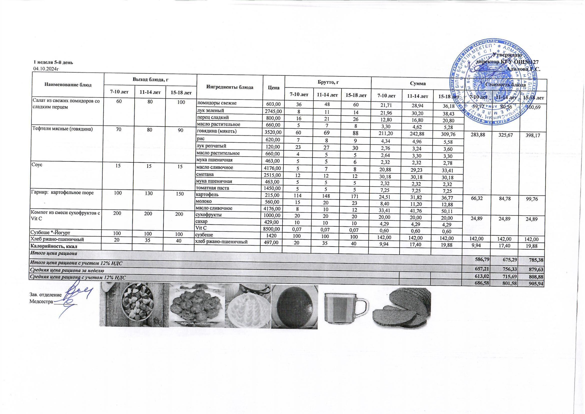 Мектептің күндік мәзірі/ Школьное меню на день
