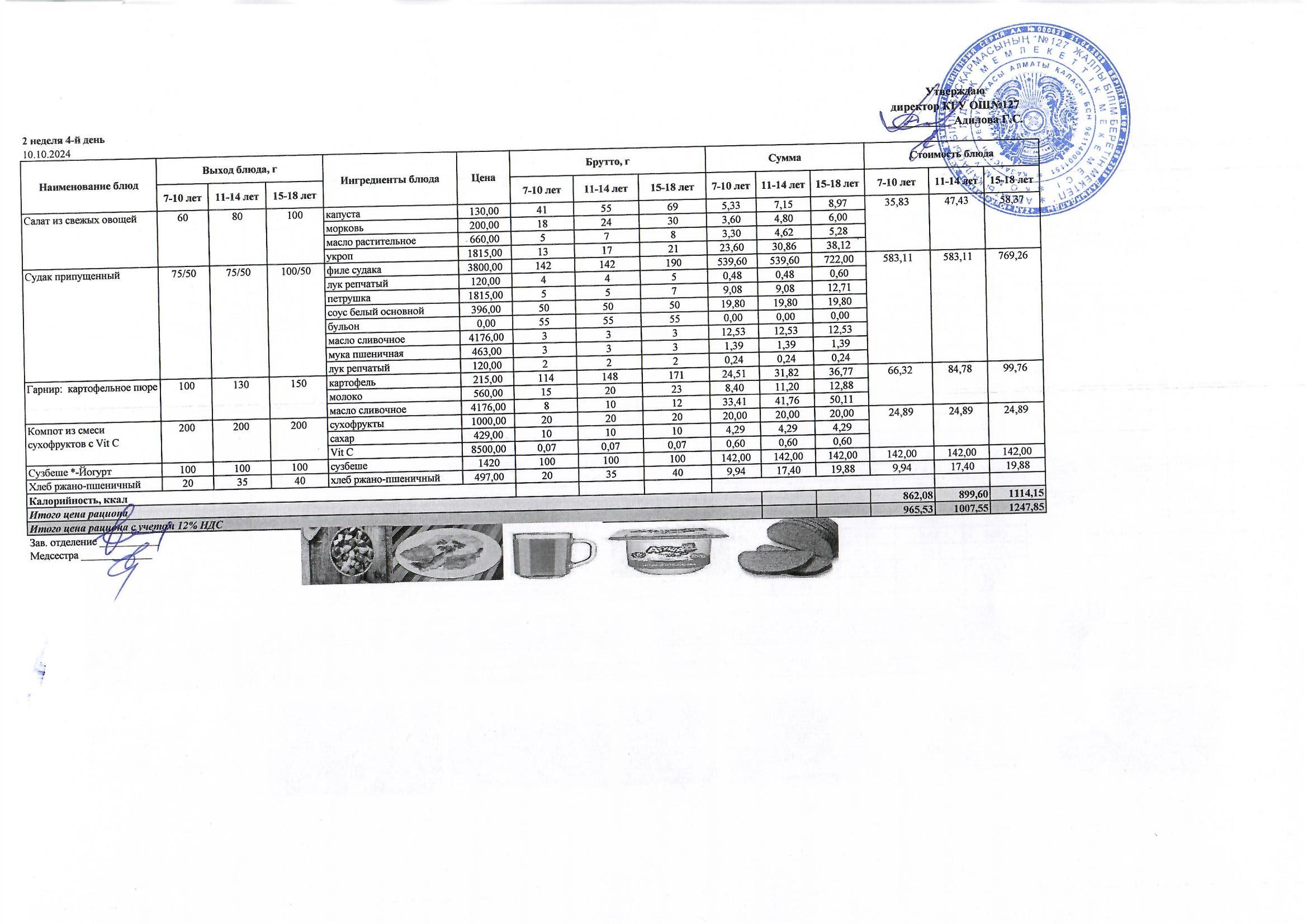 Мектептің күндік мәзірі/ Школьное меню на день