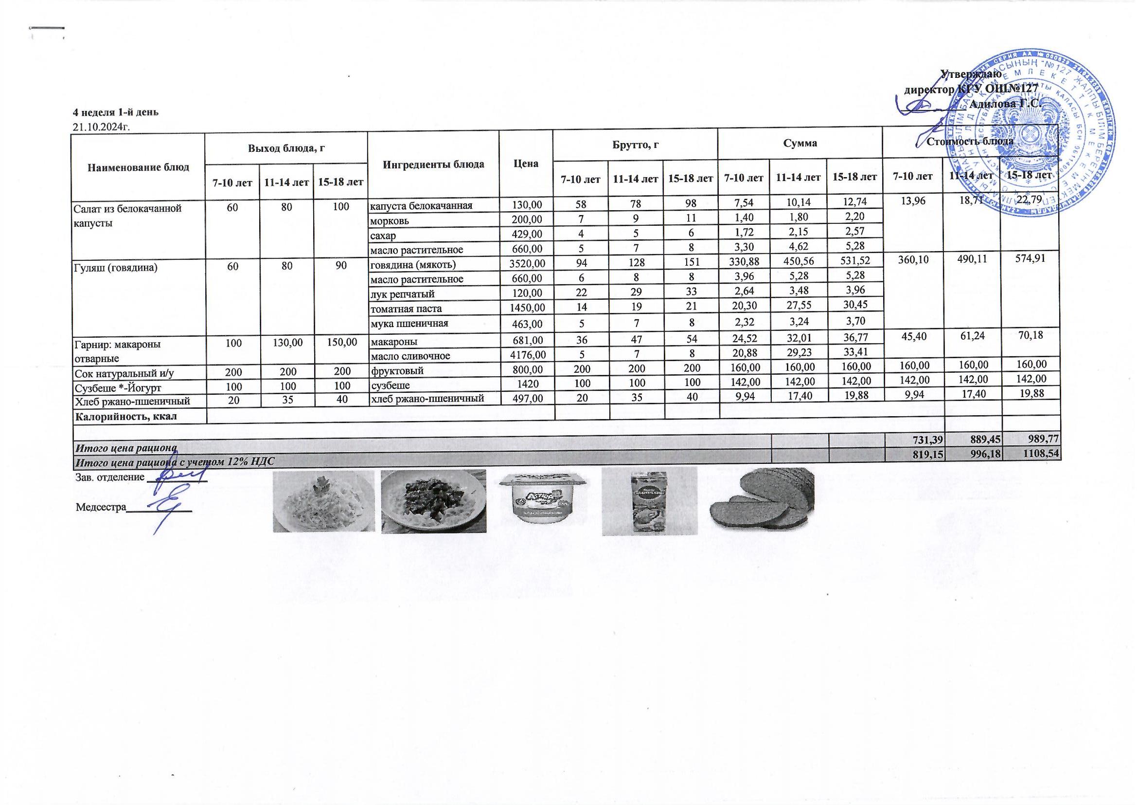 Мектептің күндік мәзірі/ Школьное меню на день