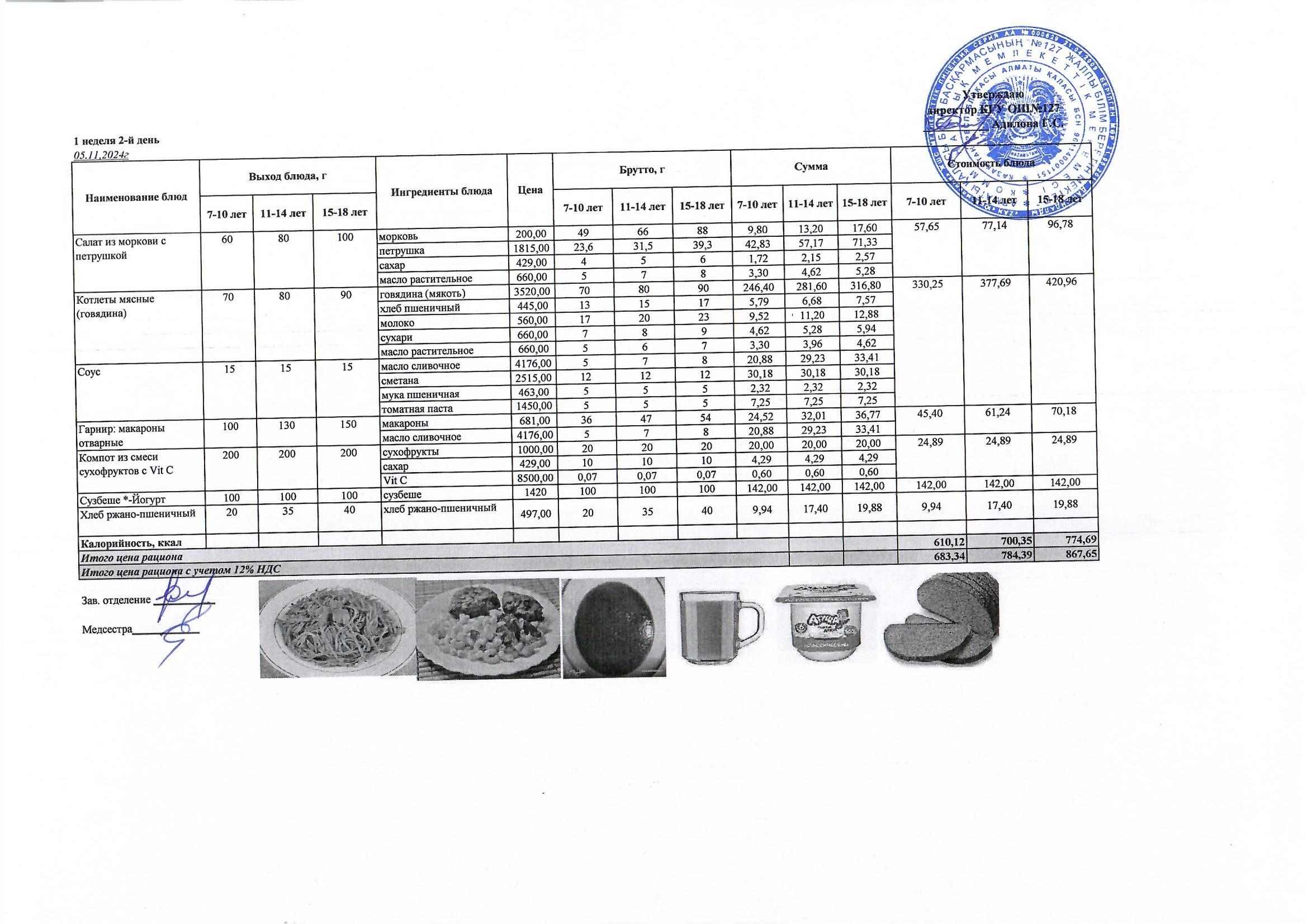 Мектептің күндік мәзірі/ Школьное меню на день