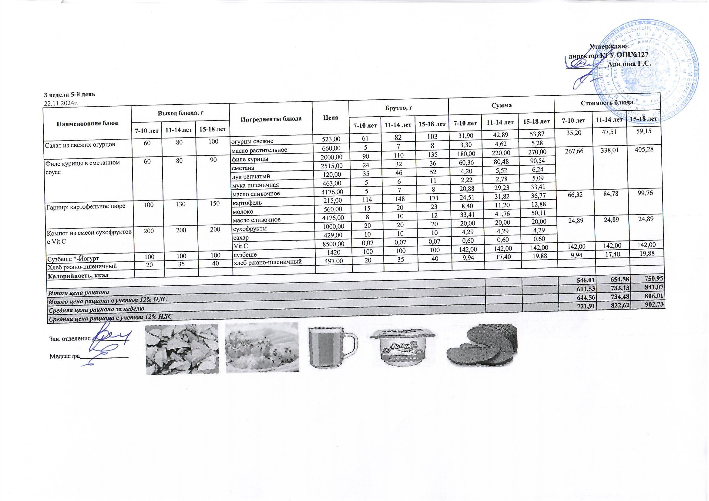 Мектептің күндік мәзірі/ Школьное меню на день