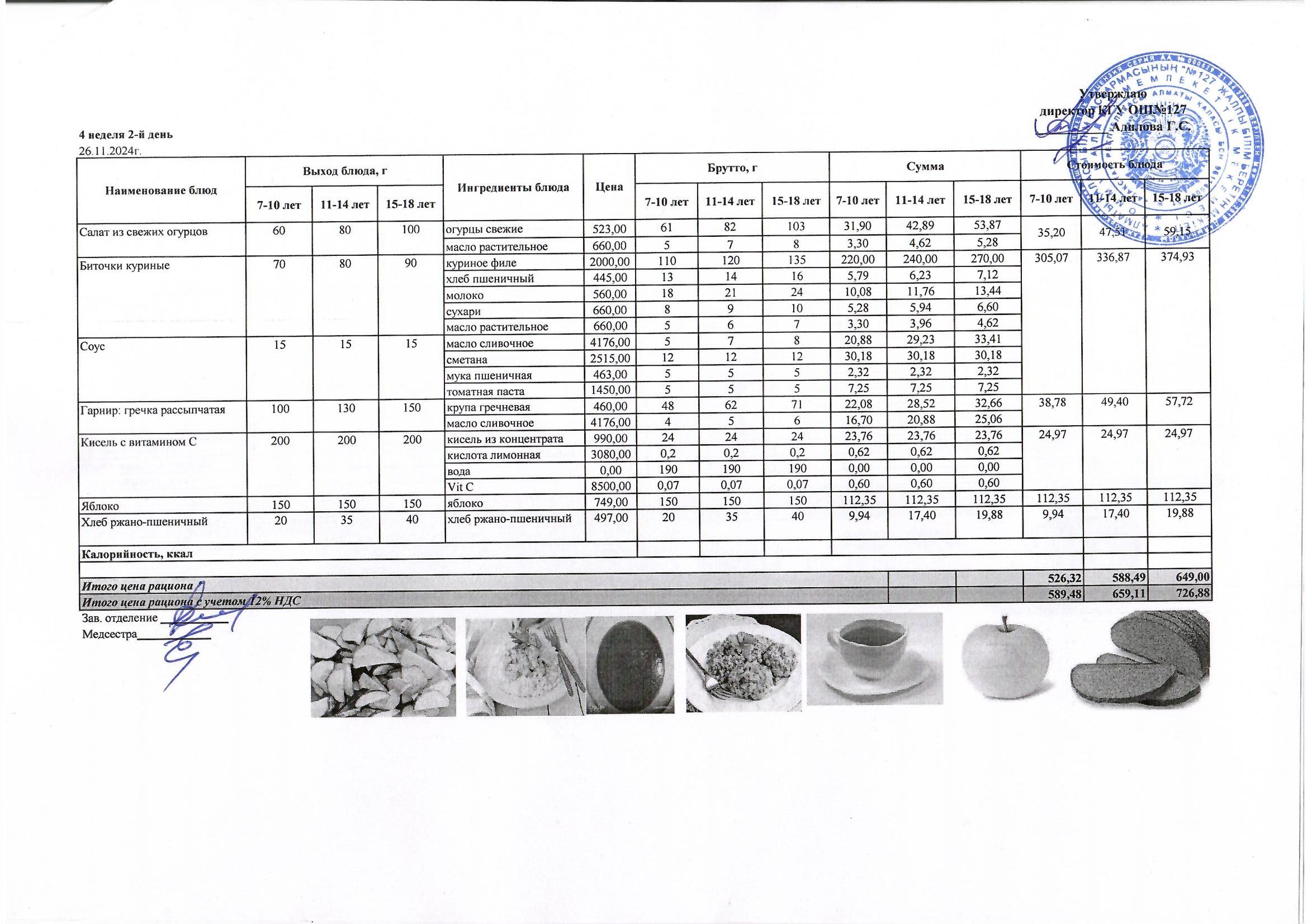 Мектептің күндік мәзірі/ Школьное меню на день