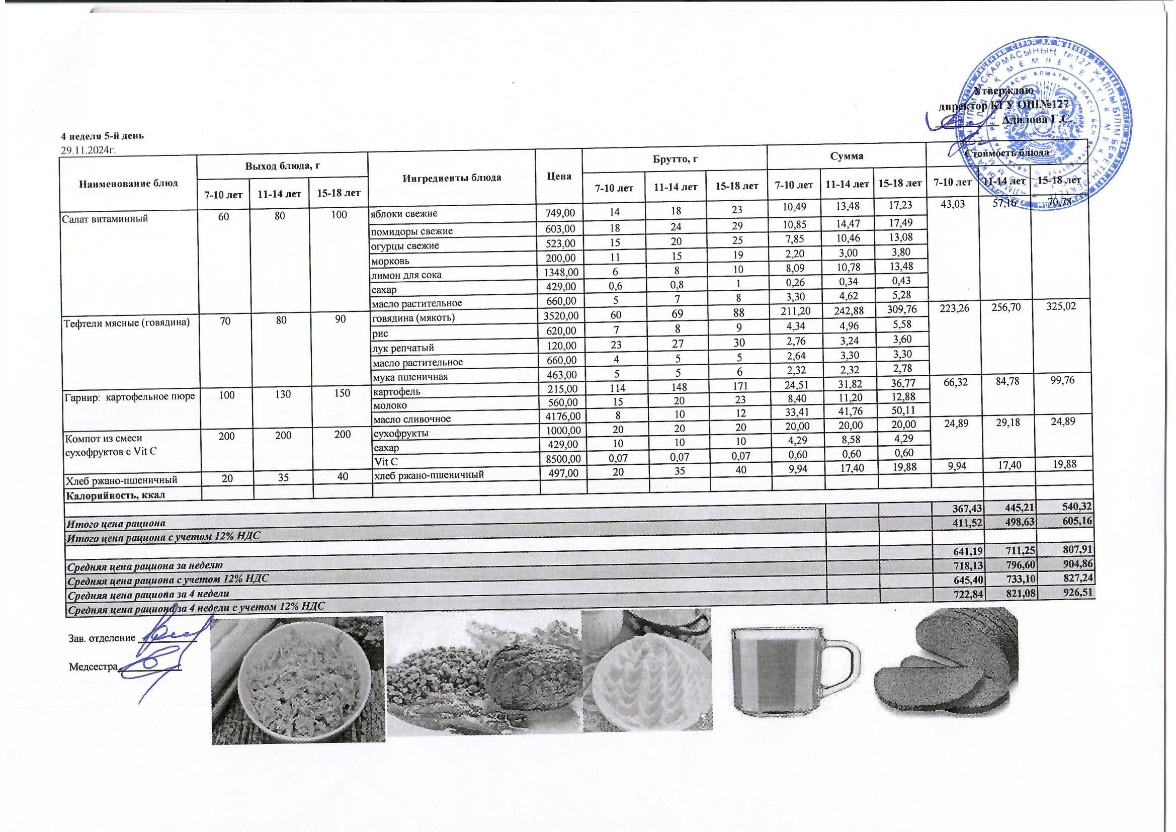 Мектептің күндік мәзірі/ Школьное меню на день