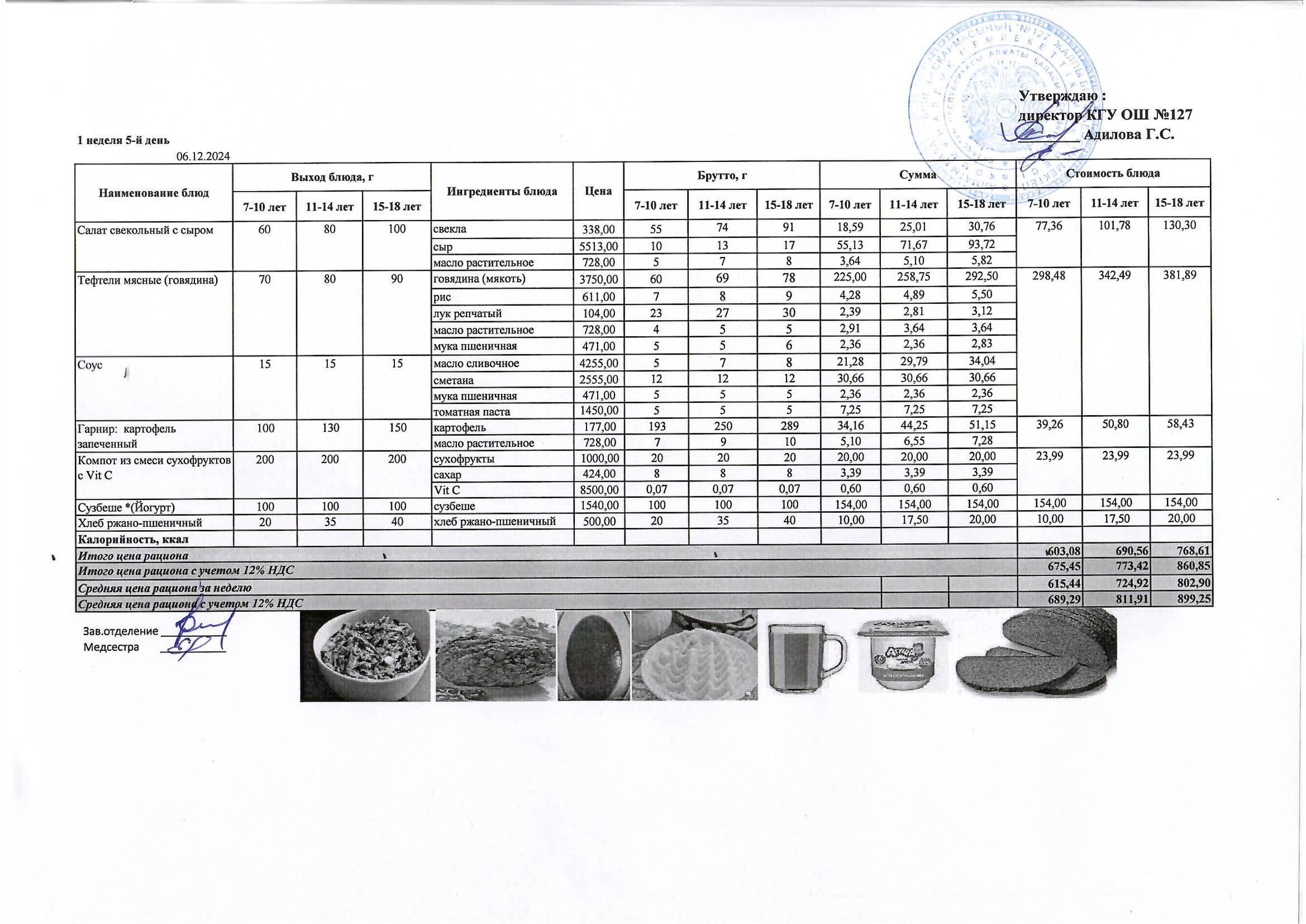 Мектептің күндік мәзірі/ Школьное меню на день