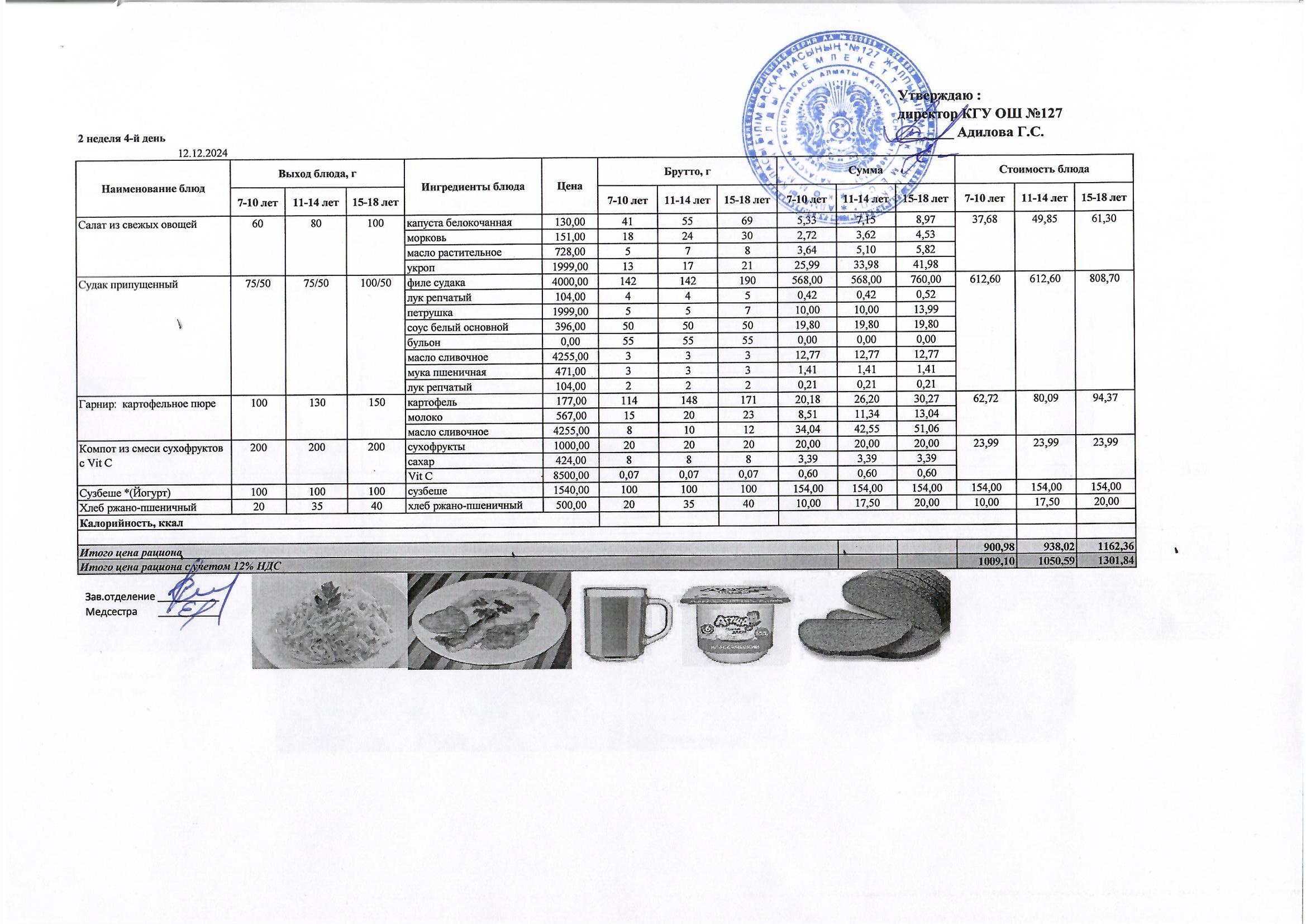 Мектептің күндік мәзірі/ Школьное меню на день
