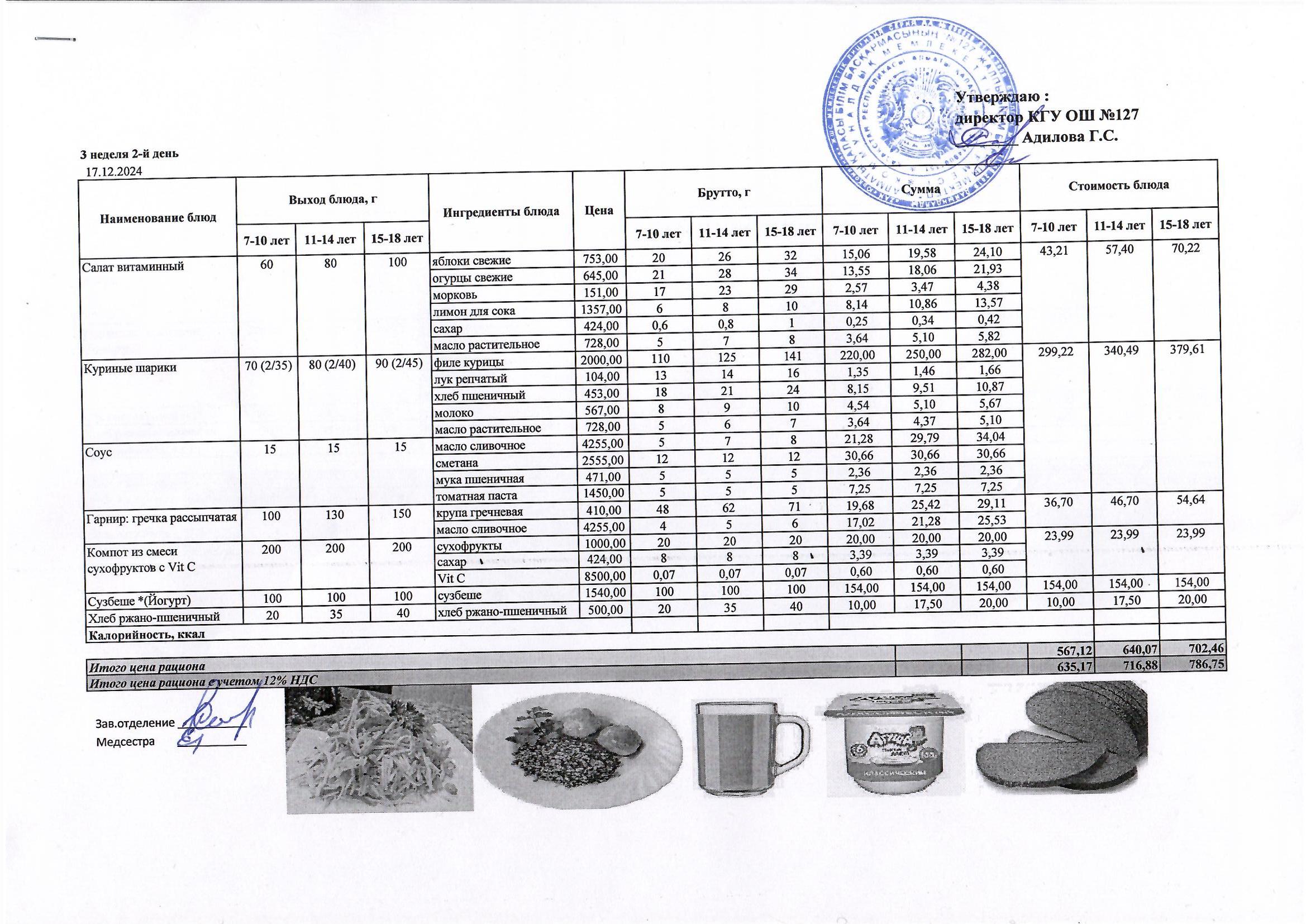 Мектептің күндік мәзірі/ Школьное меню на день