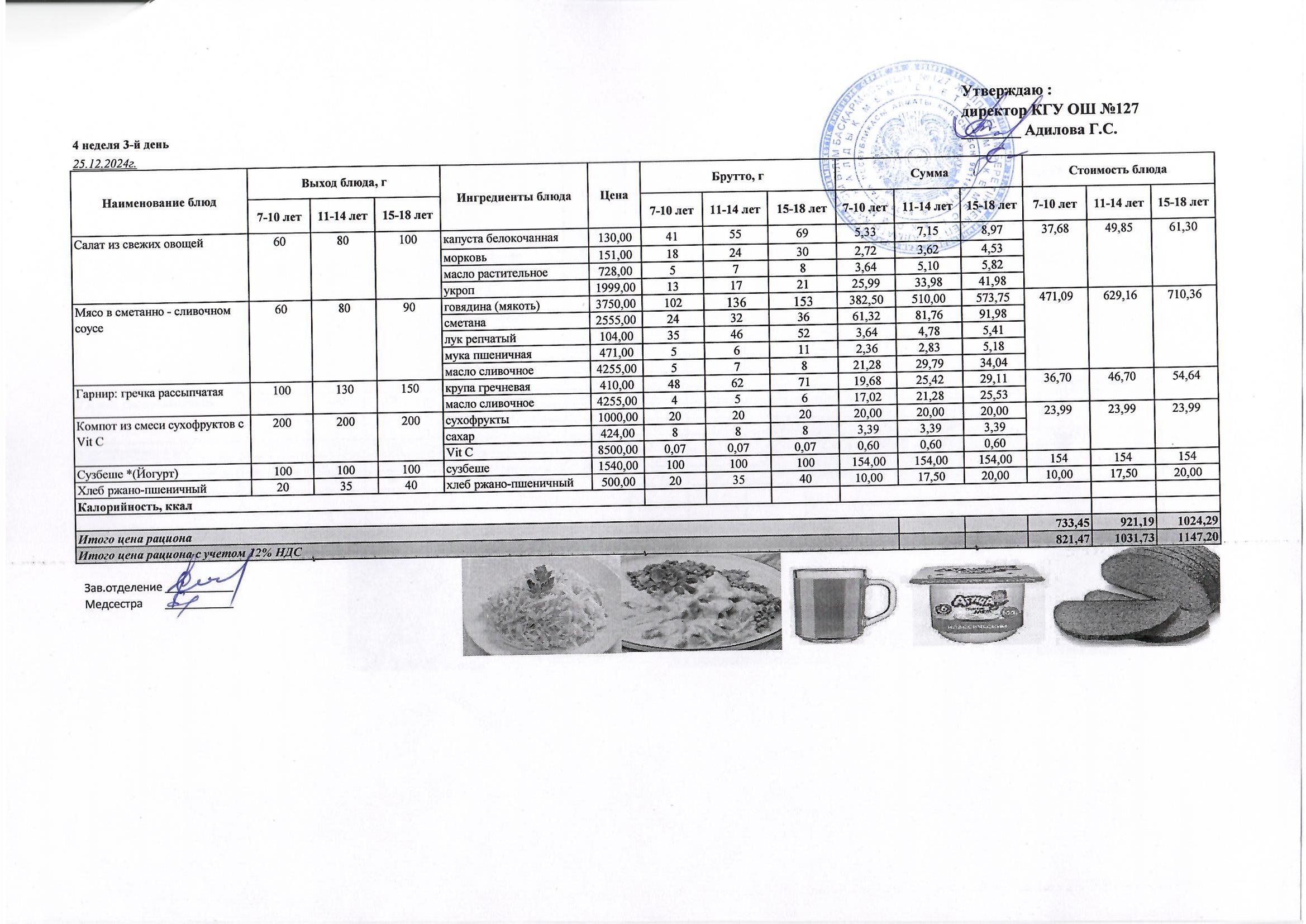 Мектептің күндік мәзірі/ Школьное меню на день