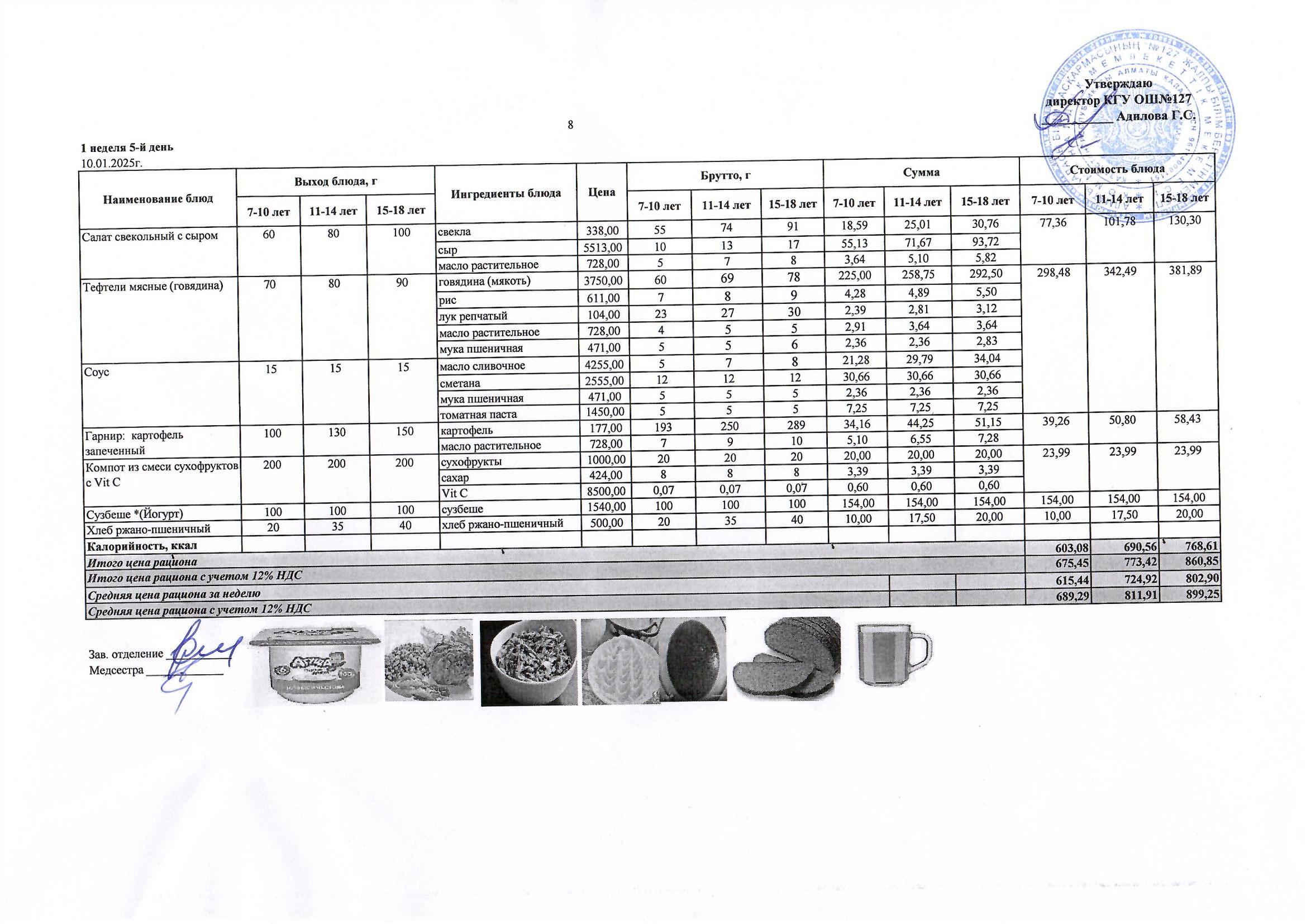 Мектептің күндік мәзірі/ Школьное меню на день