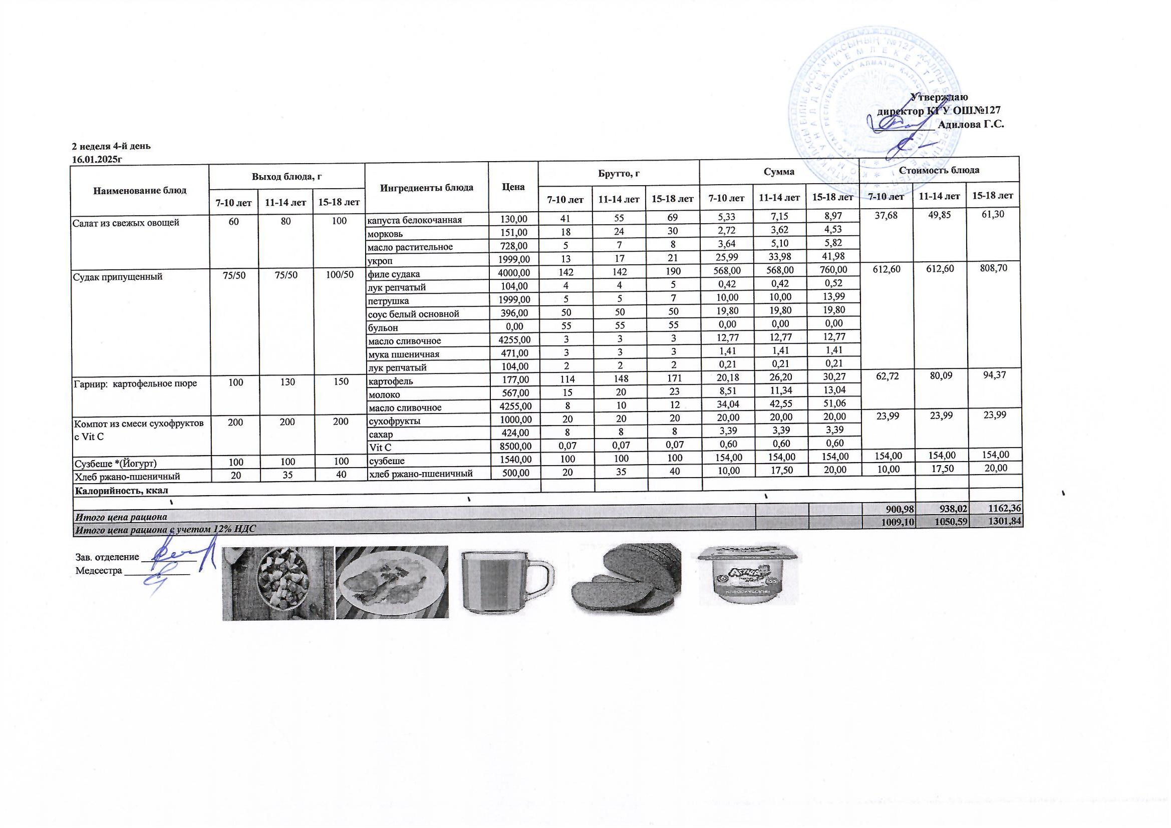 Мектептің күндік мәзірі/ Школьное меню на день