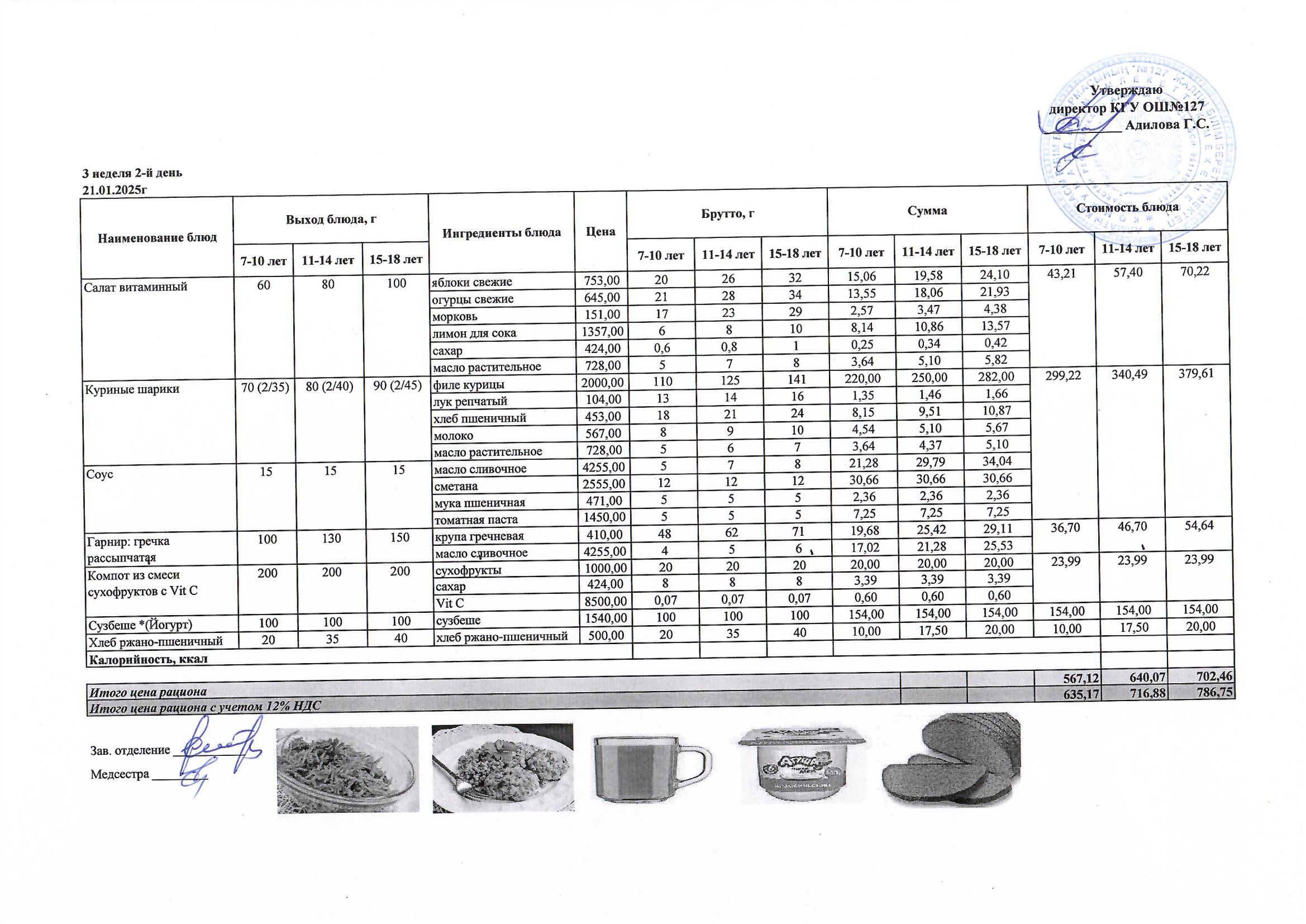 Мектептің күндік мәзірі/ Школьное меню на день
