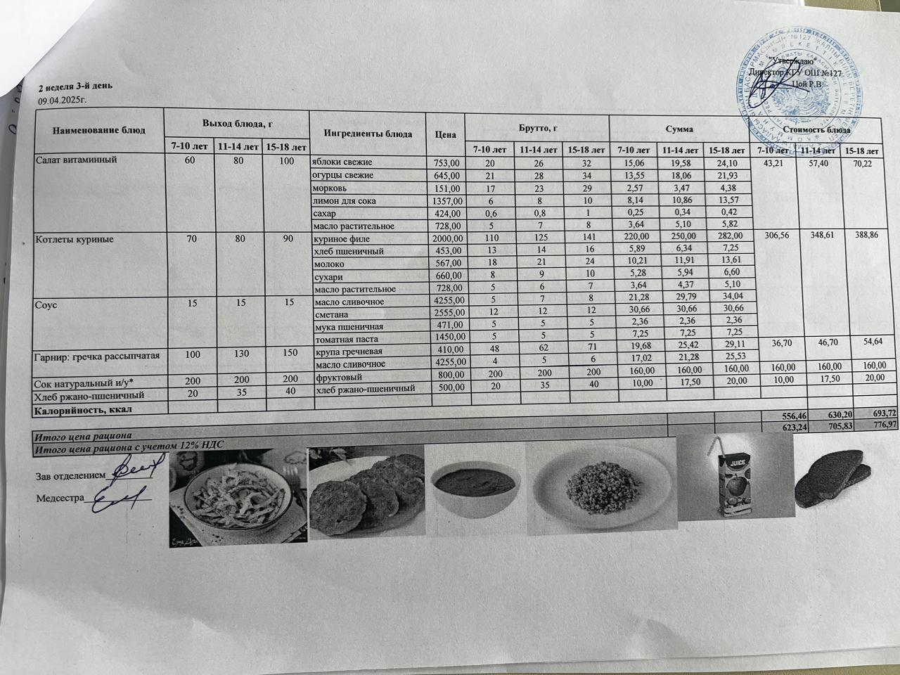 Мектептің күндік мәзірі/ Школьное меню на день