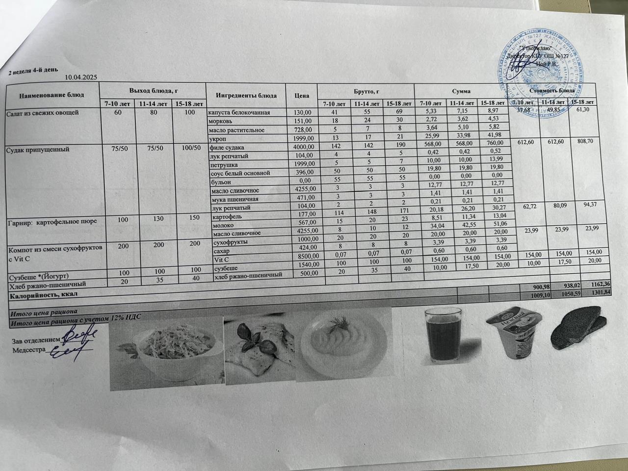 Мектептің күндік мәзірі/ Школьное меню на день