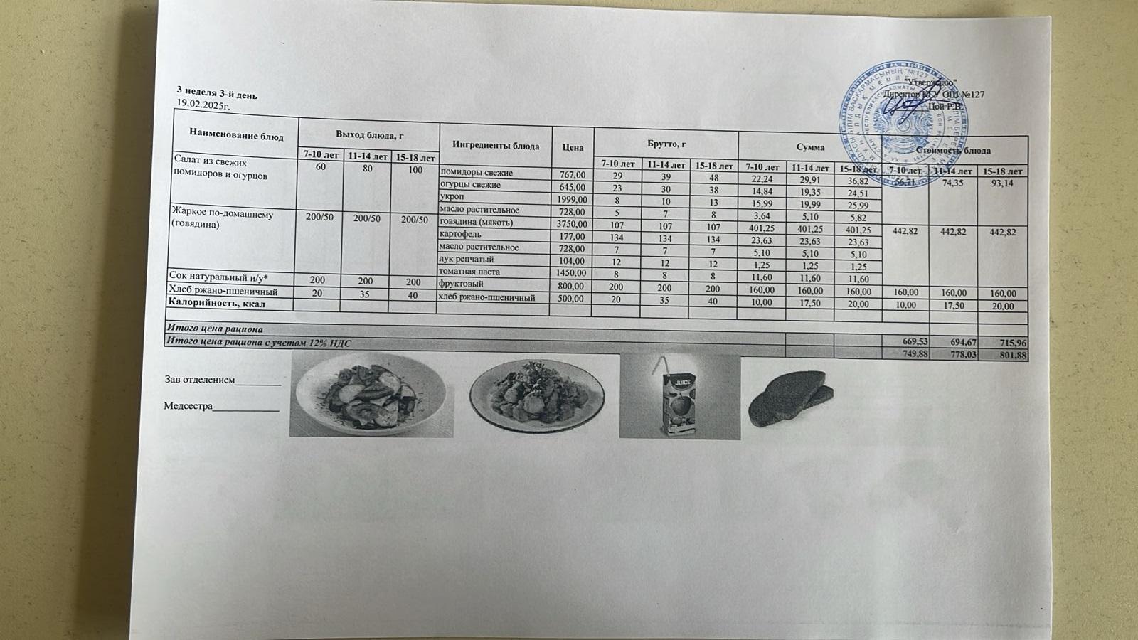 Мектептің күндік мәзірі/ Школьное меню на день