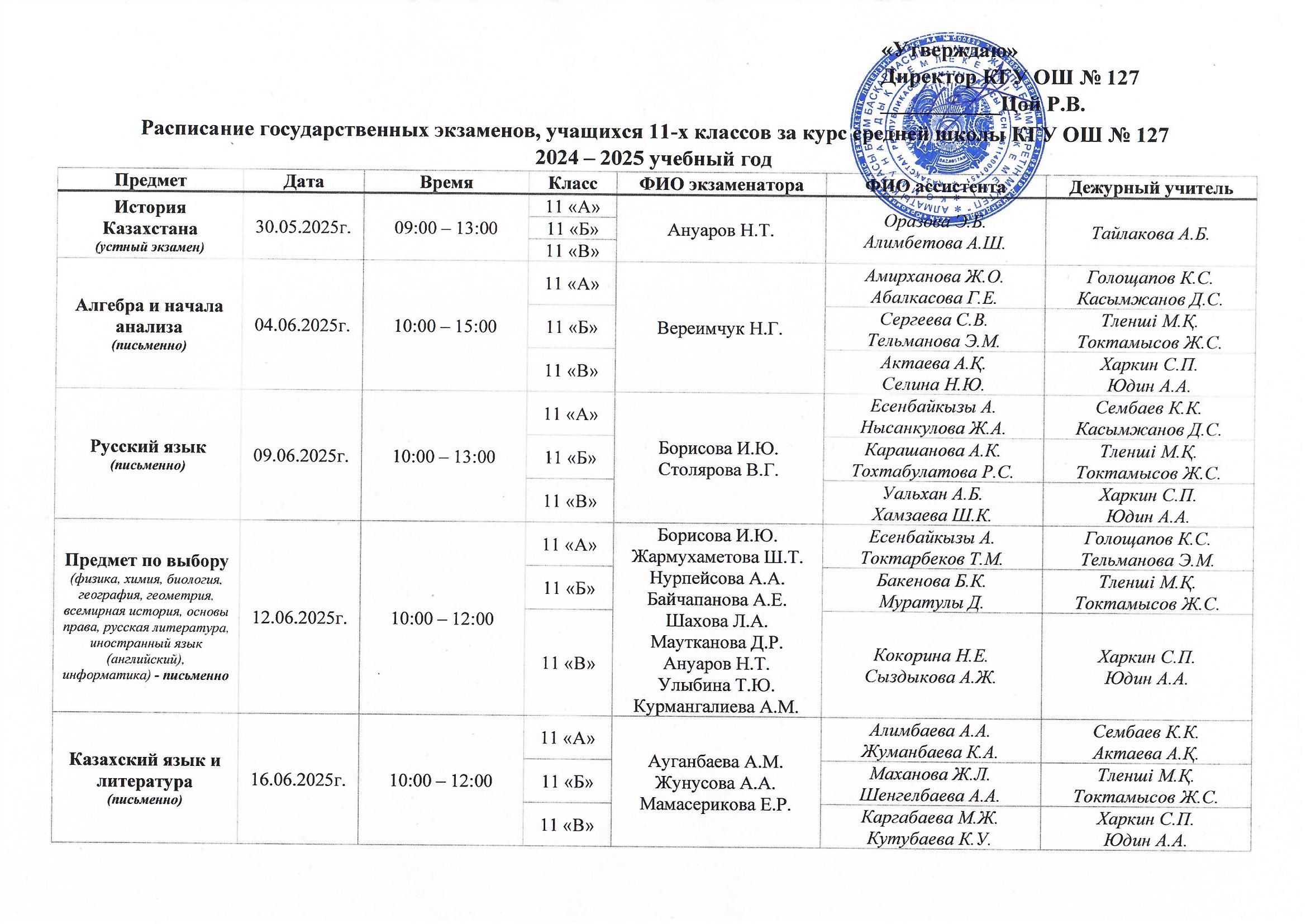 Расписание государственных экзаменов учащихся 11-х классов 2024-2025 учебный год