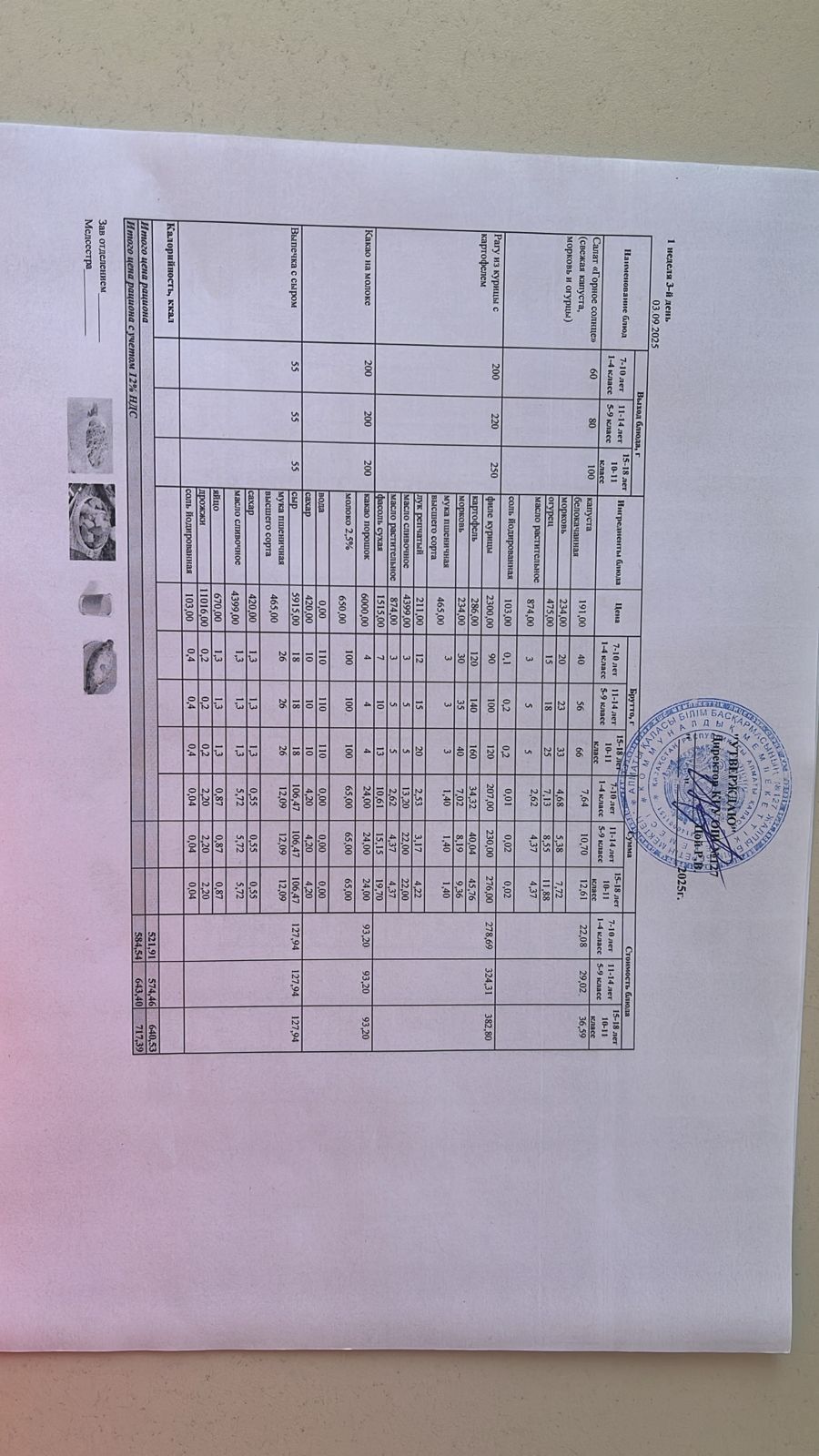 Мектептің күндік мәзірі/ Школьное меню на день