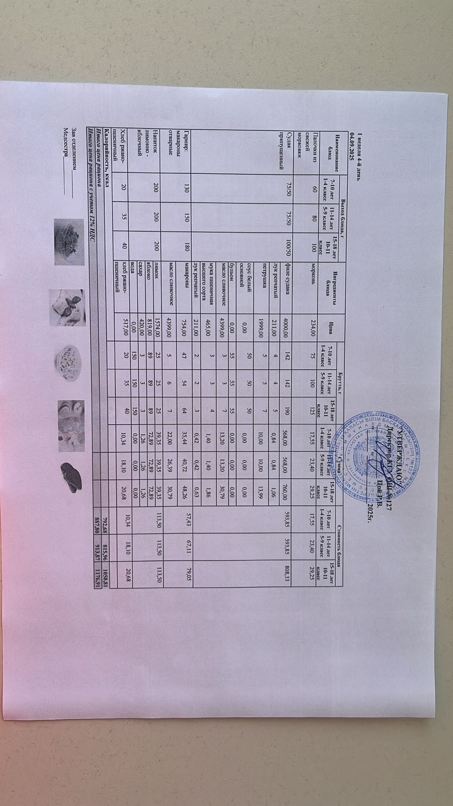 Мектептің күндік мәзірі/ Школьное меню на день