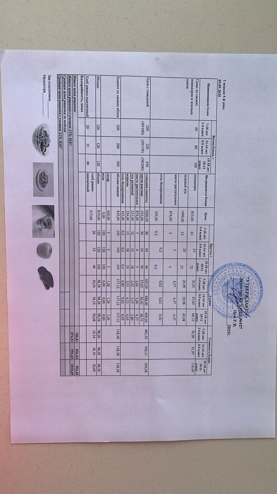 Мектептің күндік мәзірі/ Школьное меню на день