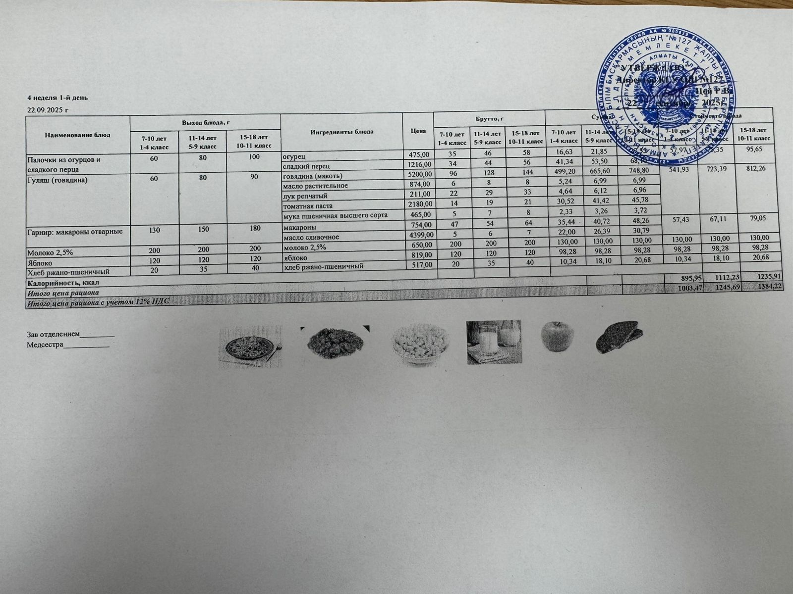 Мектептің күндік мәзірі/Школьное меню на день