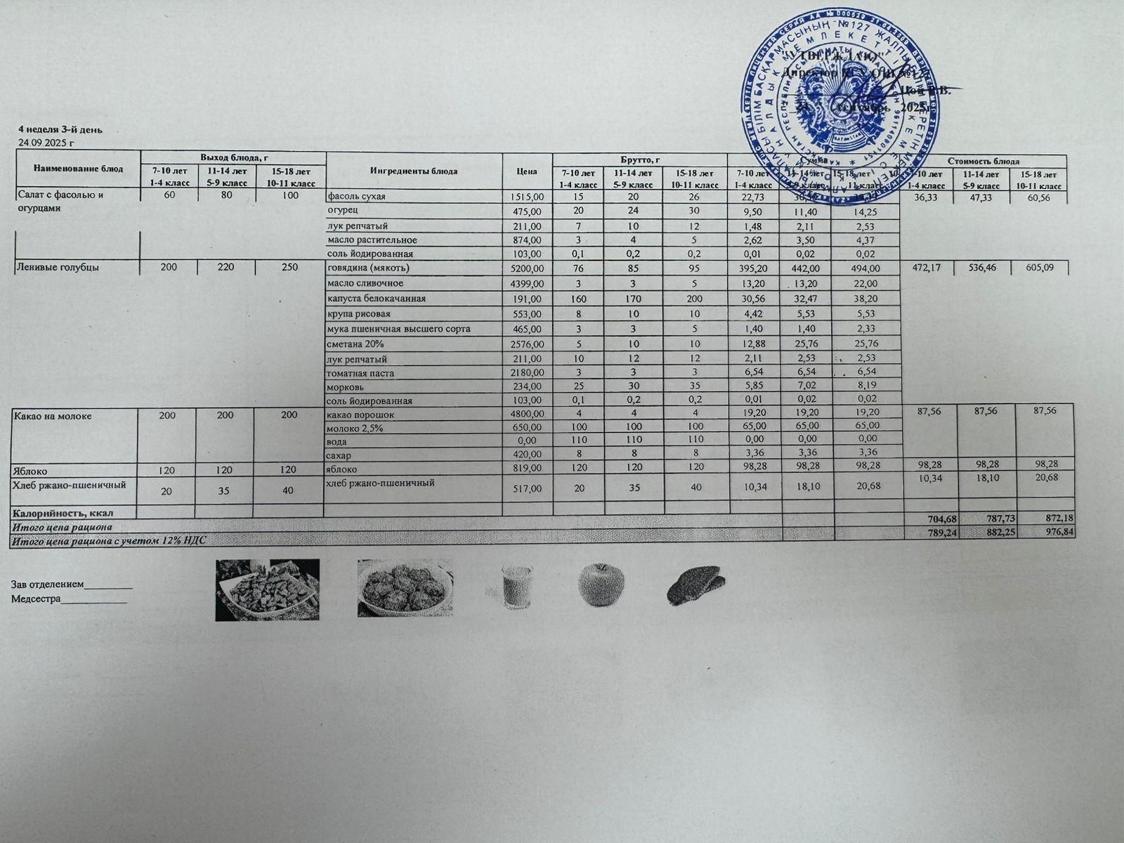 Мектептің күндік мәзірі/Школьное меню на день