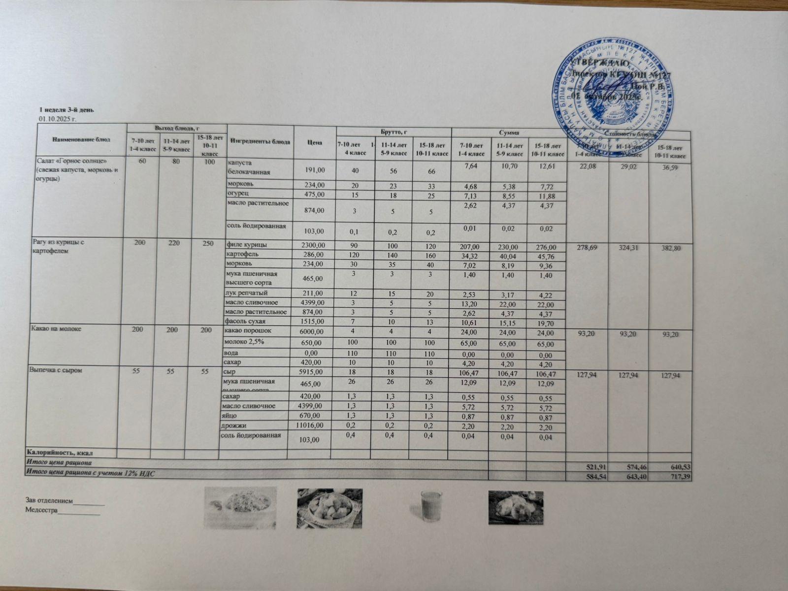 Мектептің күндік мәзірі/Школьное меню на день