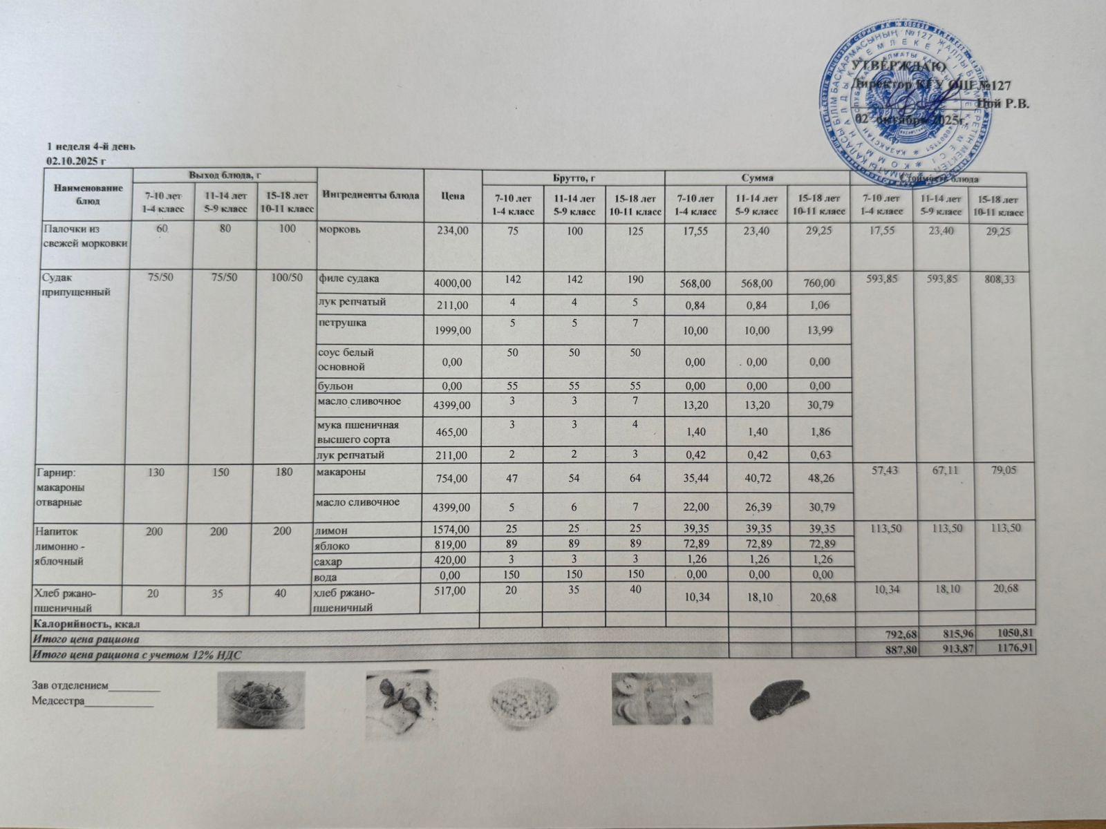 Мектептің күндік мәзірі/Школьное меню на день