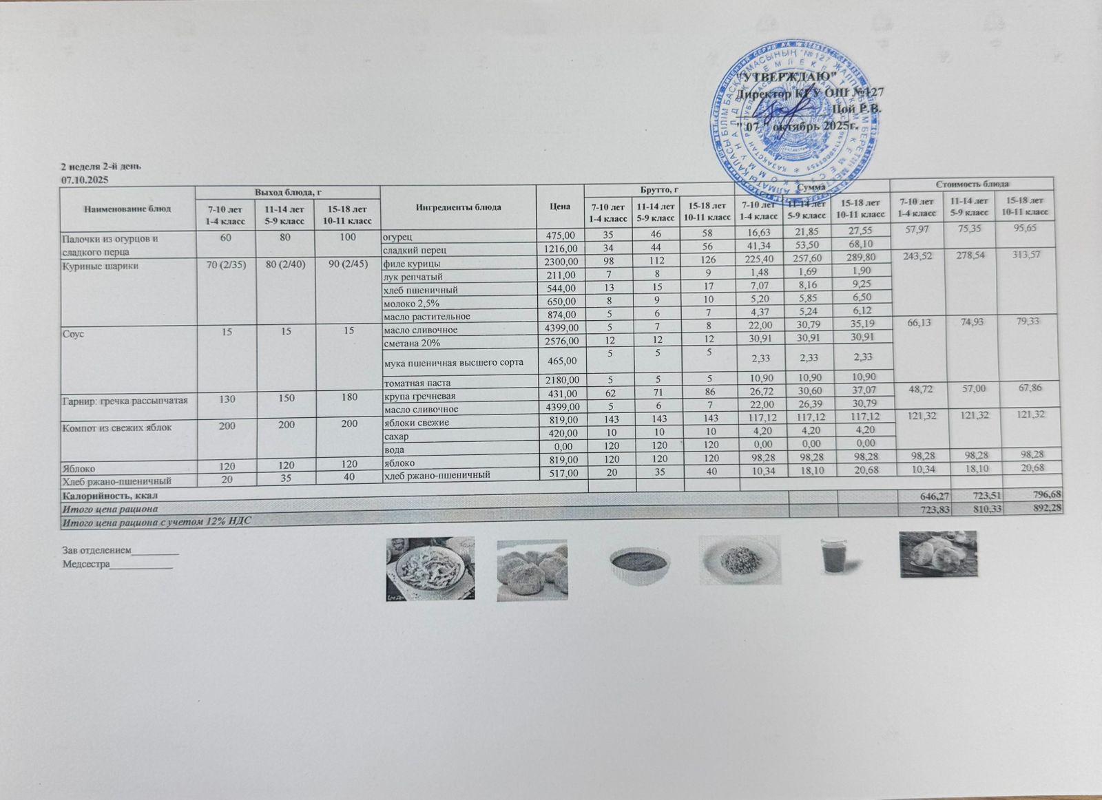 Мектептің күндік мәзірі/Школьное меню на день