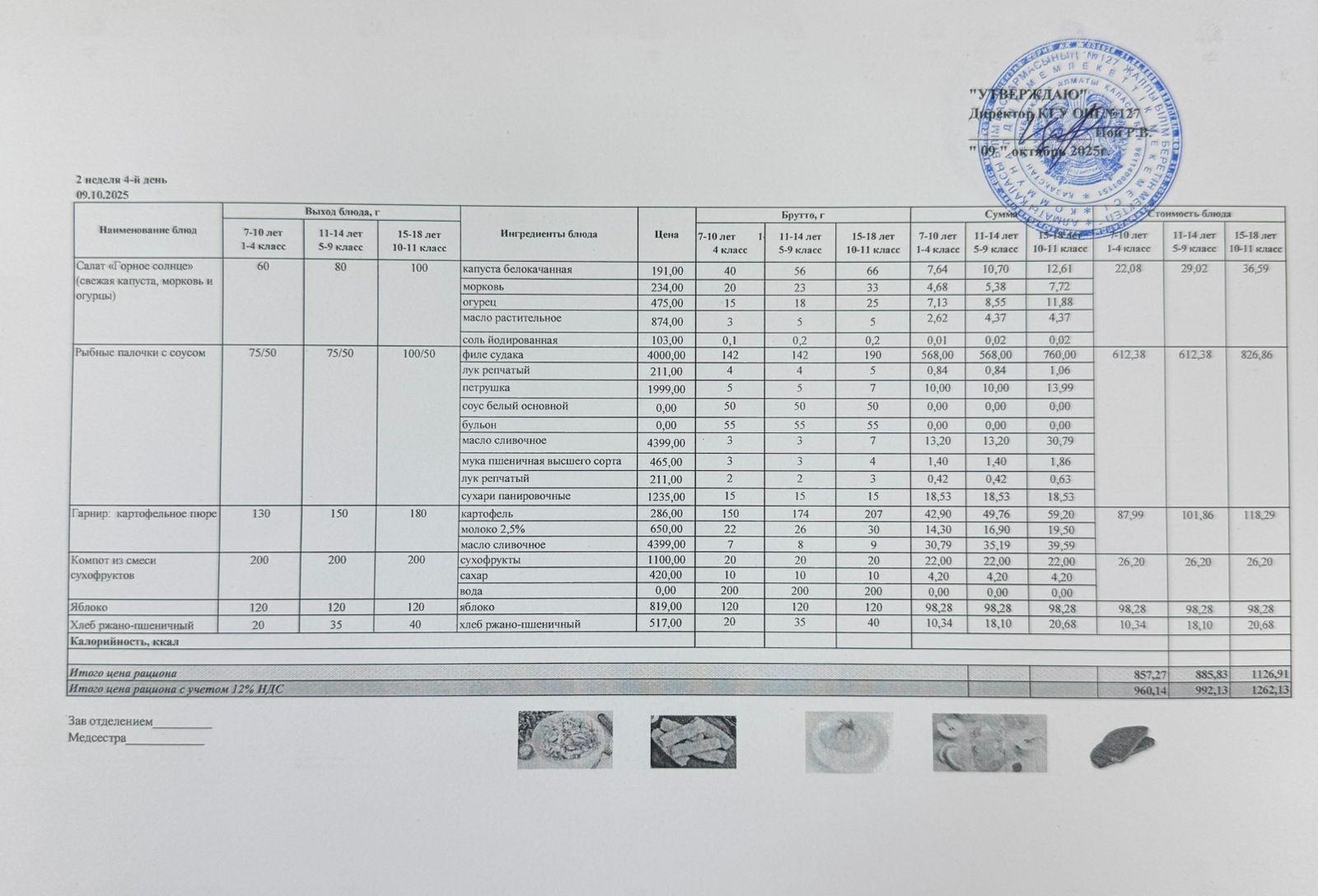 Мектептің күндік мәзірі/Школьное меню на день