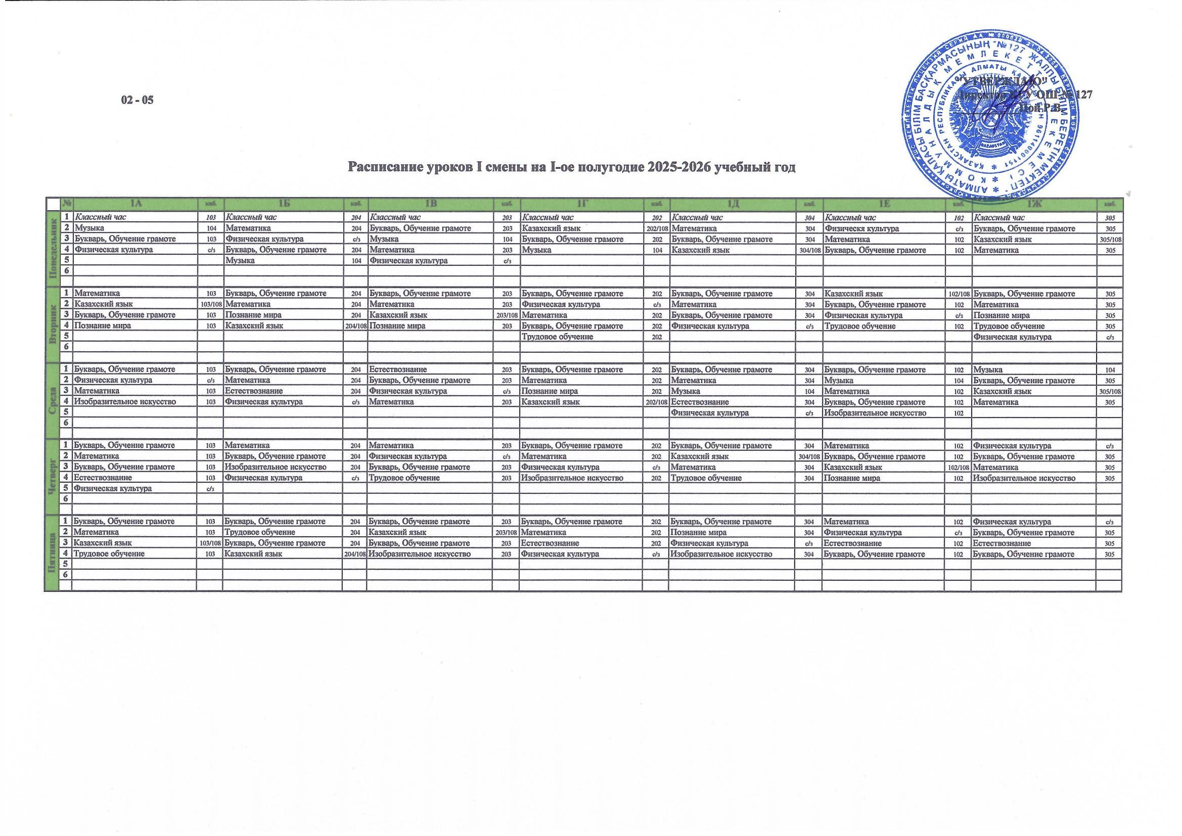 2025-2026 оқу жылының I жартыжылдығына арналған I ауысымдағы бастауыш мектептің сабақ кестесі/ Расписание уроков начальной школы I смены на I-ое полугодие 2025-2026 учебный год