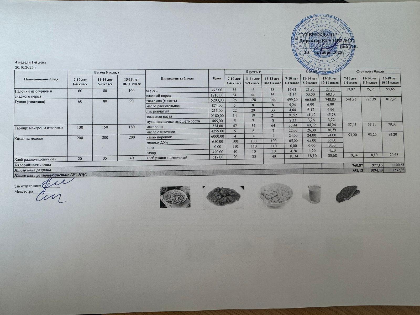 Мектептің күндік мәзірі/Школьное меню на день