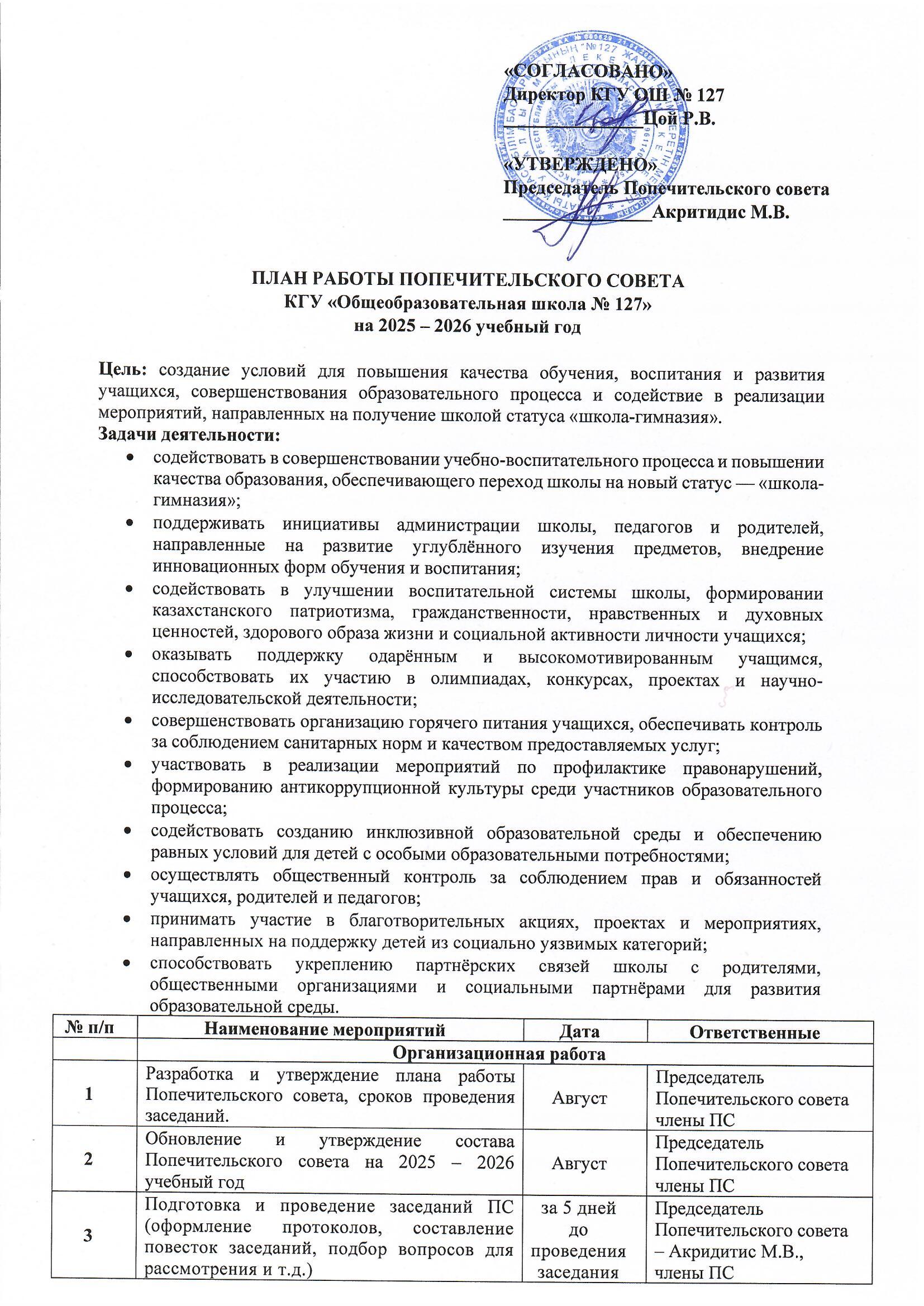 Қамқоршылық кеңесінің жұмыс жоспары. 2025-2026 оқу жылы/ План работы попечительского совета. 2025-2026 учебный год