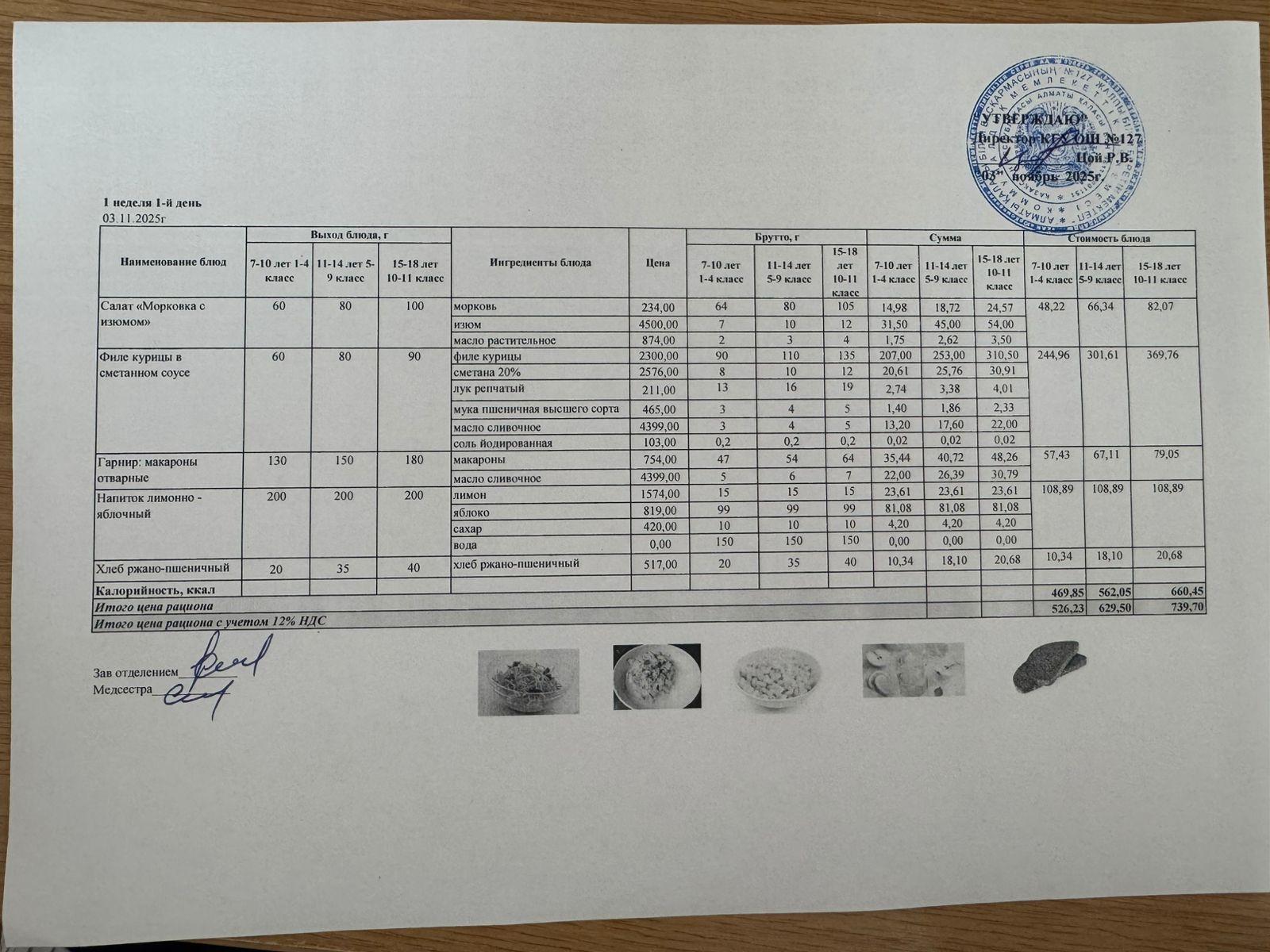 Мектептің күндік мәзірі/Школьное меню на день