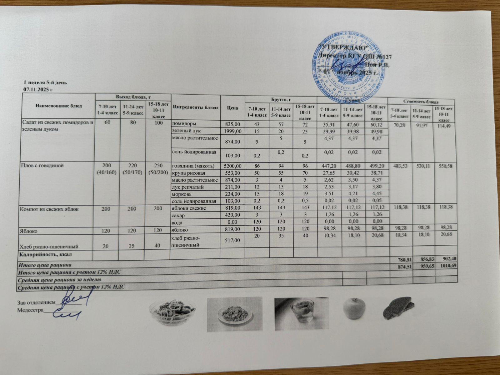 Мектептің күндік мәзірі/Школьное меню на день