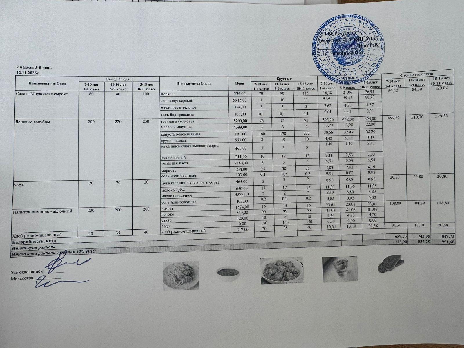 Мектептің күндік мәзірі/Школьное меню на день