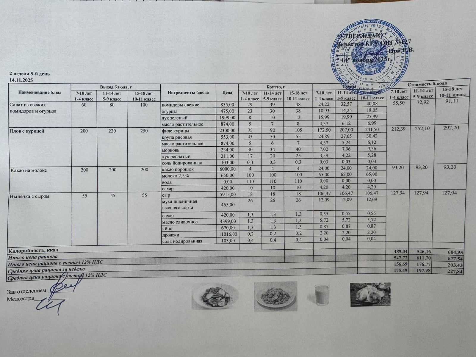 Мектептің күндік мәзірі/Школьное меню на день