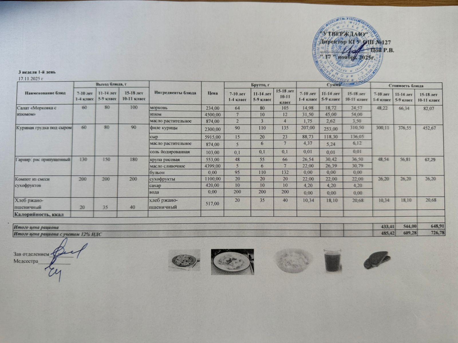 Мектептің күндік мәзірі/Школьное меню на день