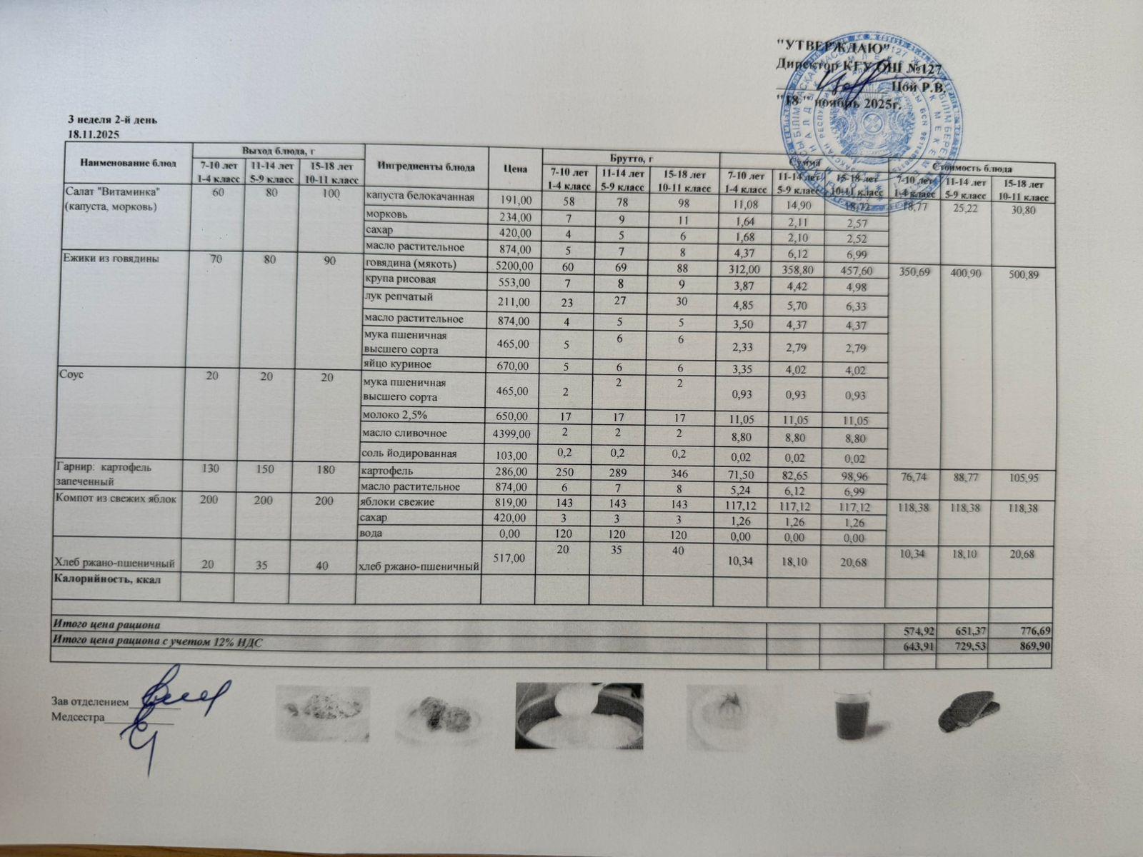 Мектептің күндік мәзірі/Школьное меню на день